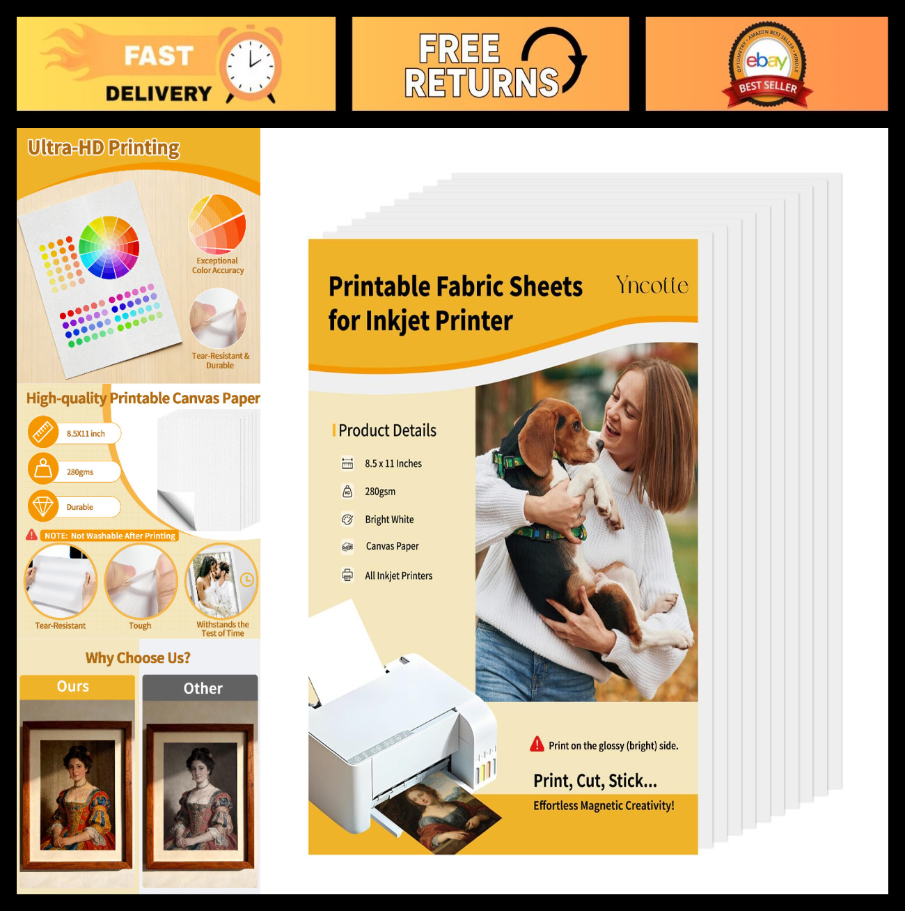 10 Pcs Printable Fabric Sheets 8.5×11″ Bright White 280gsm for Inkjet Printers,
