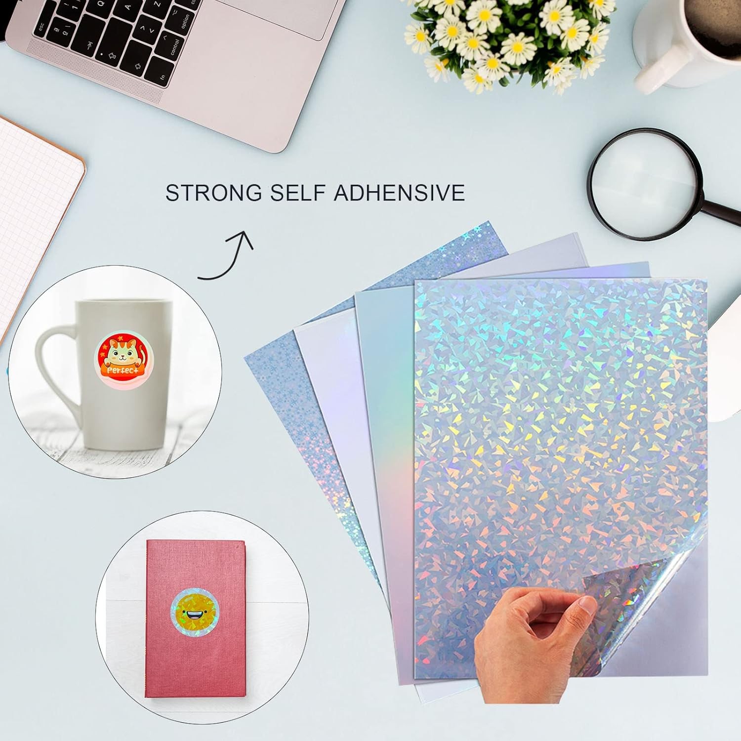 24 Sheets Vinyl Printable Sticker Paper A4 Size 8.25″ x 11.7″ Holographic Glossy