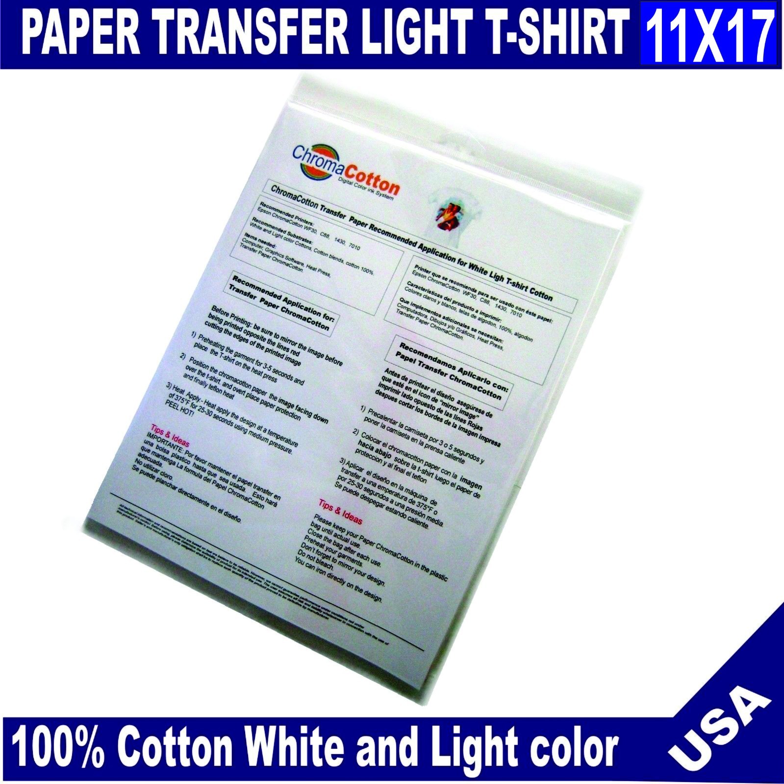 50 ChromaCotton Transfer Paper 11×17 for White and light T-shirt 100% Cotton