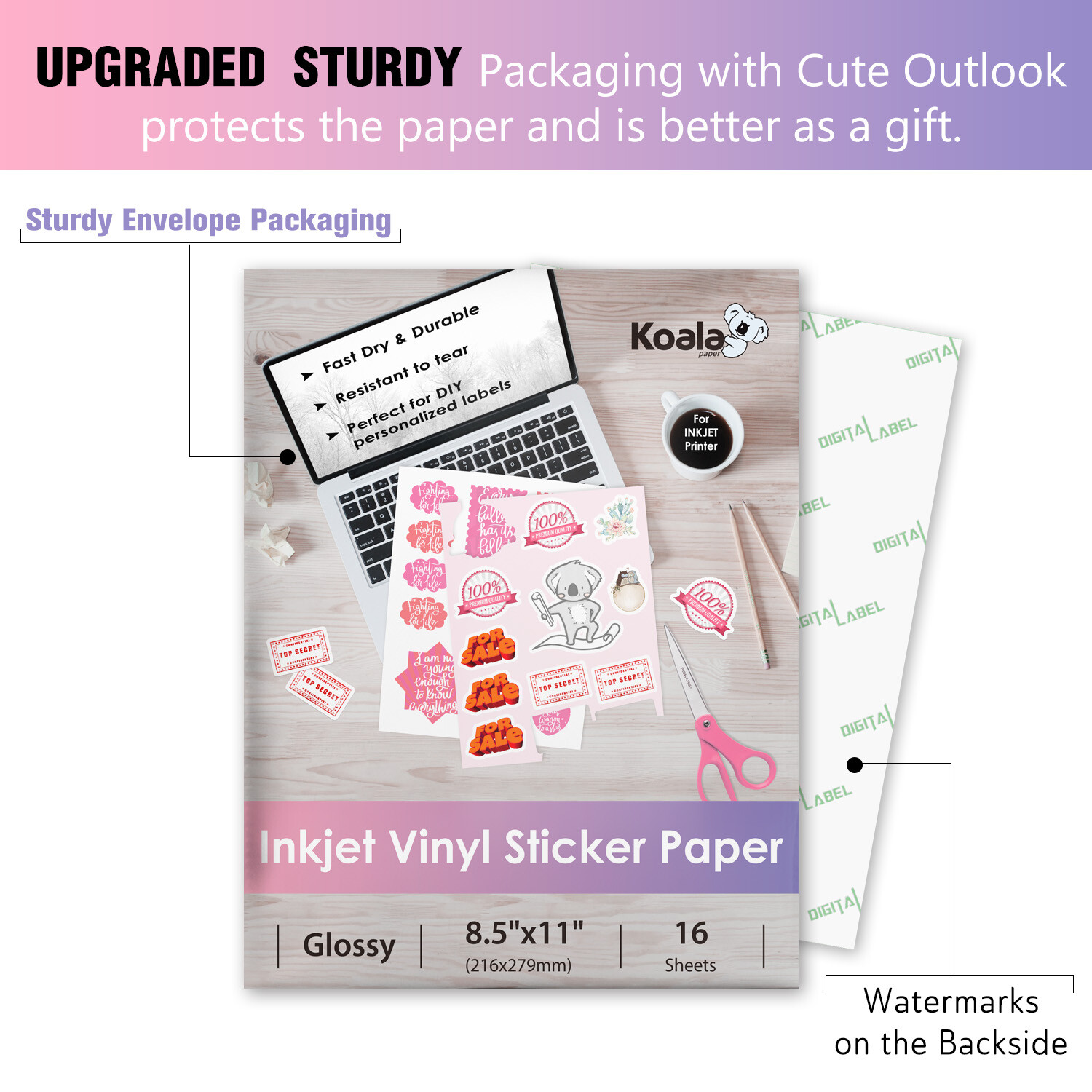 Koala Vinyl Sticker Paper fo Inkjet Glossy White Waterproof Sticker Paper 8.5×11