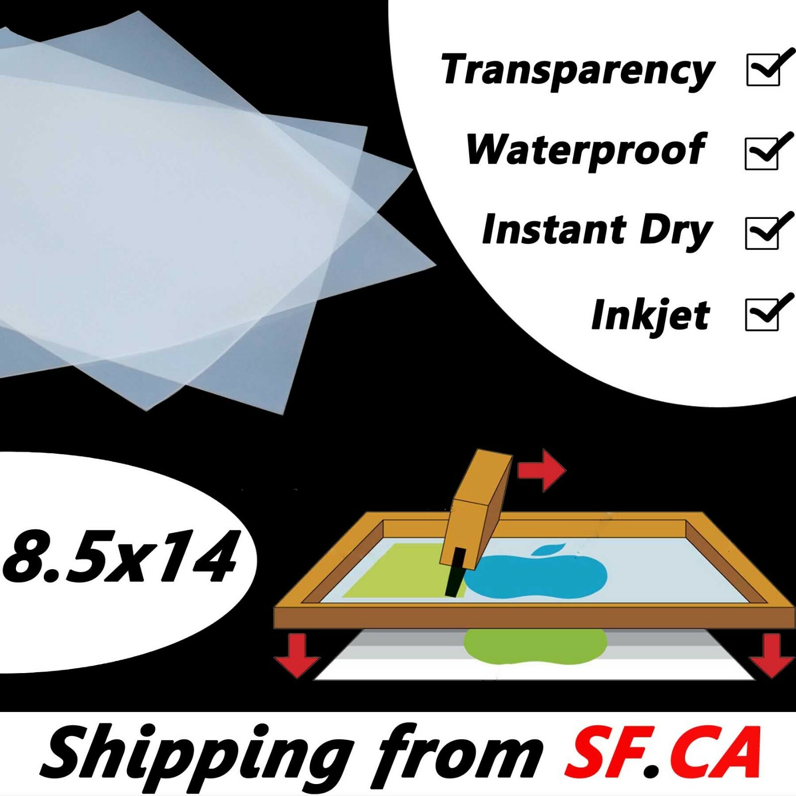 8.5″ x 14″，Waterproof Inkjet Quick Dry Milky Transparent Screen Film，50 sheets