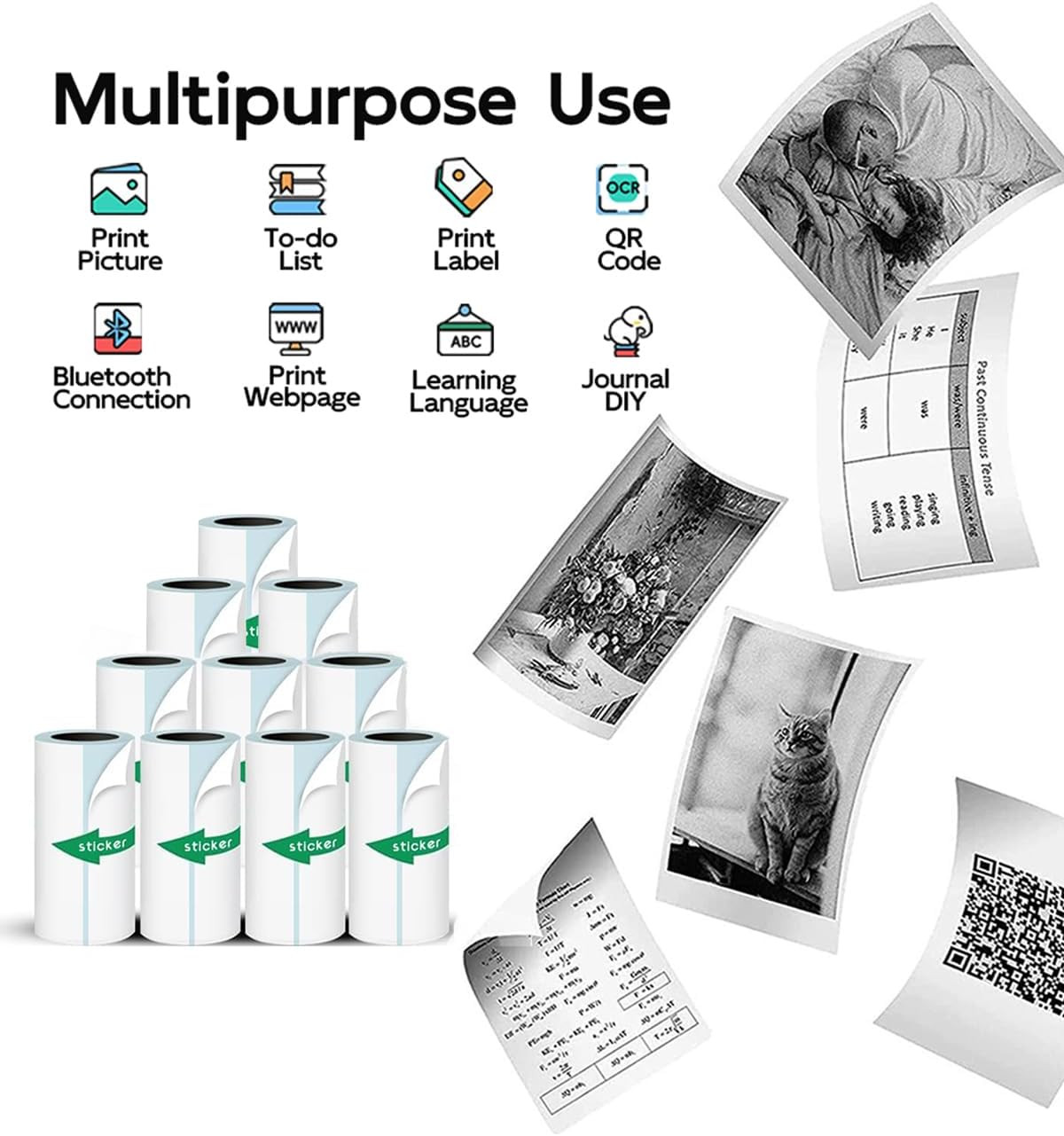 Mini Printer Sticker Paper, 10 Rolls Thermal Printer Stickers Paper 57 X 25Mm, P