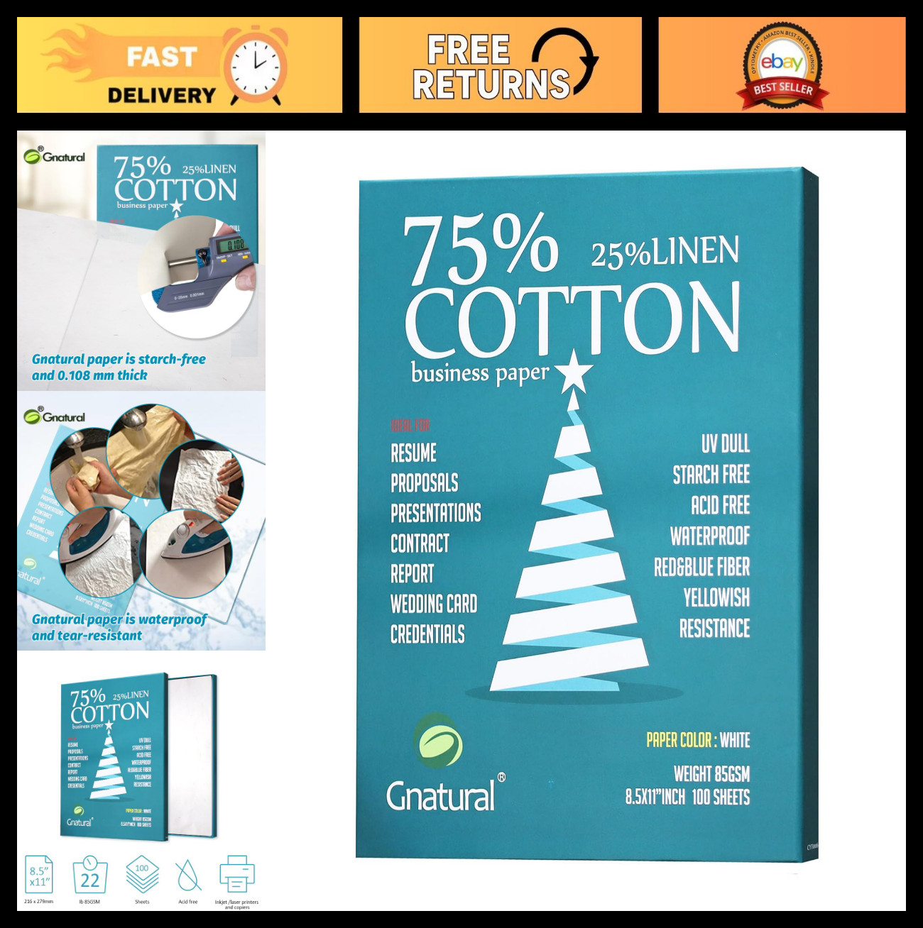 75% Cotton 25% Linen Inkjet Printing Paper, 8.5″x11″, 100 Sheets, Water-Resistan