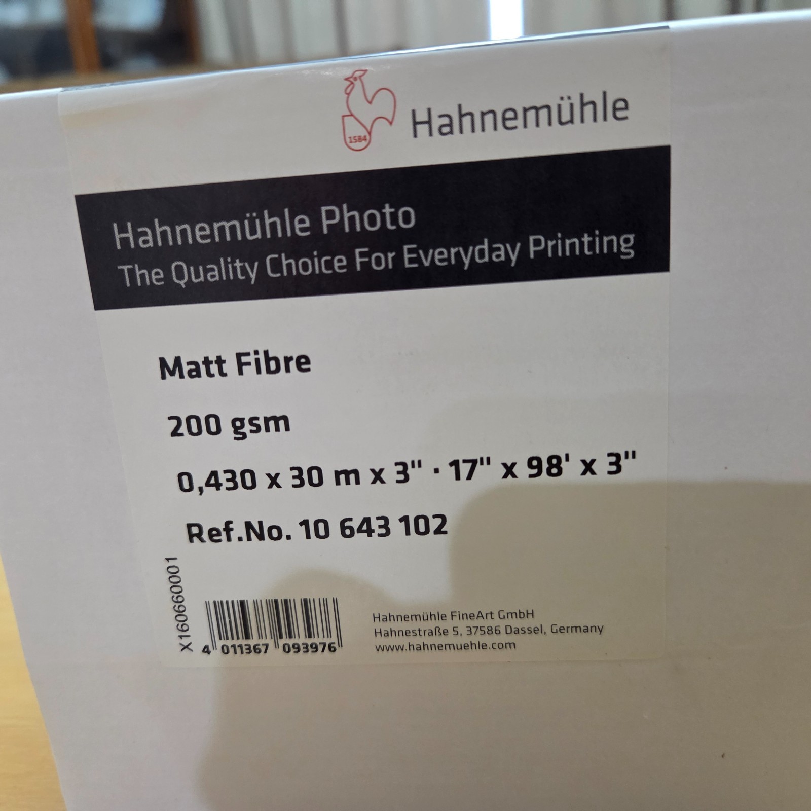 Hahnemuhle Photo Paper Matt Fibre 200 GSM 17″ x 98′ x 3″ Roll SEALED