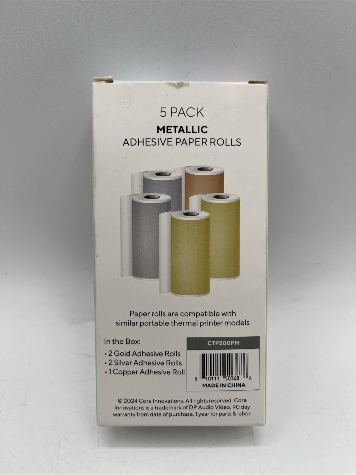 Core Innovations 5 Pack Metallic Adhesive Thermal Paper Rolls Gold Silver