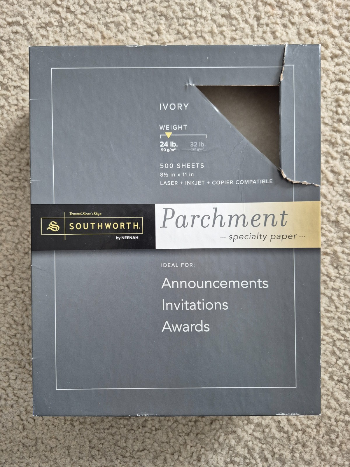 SOUTHWORTH PARCHMENT SPECIALTY PAPER Ivory 24 lb 8.5 x 11, 191 Sheets (500 orig)