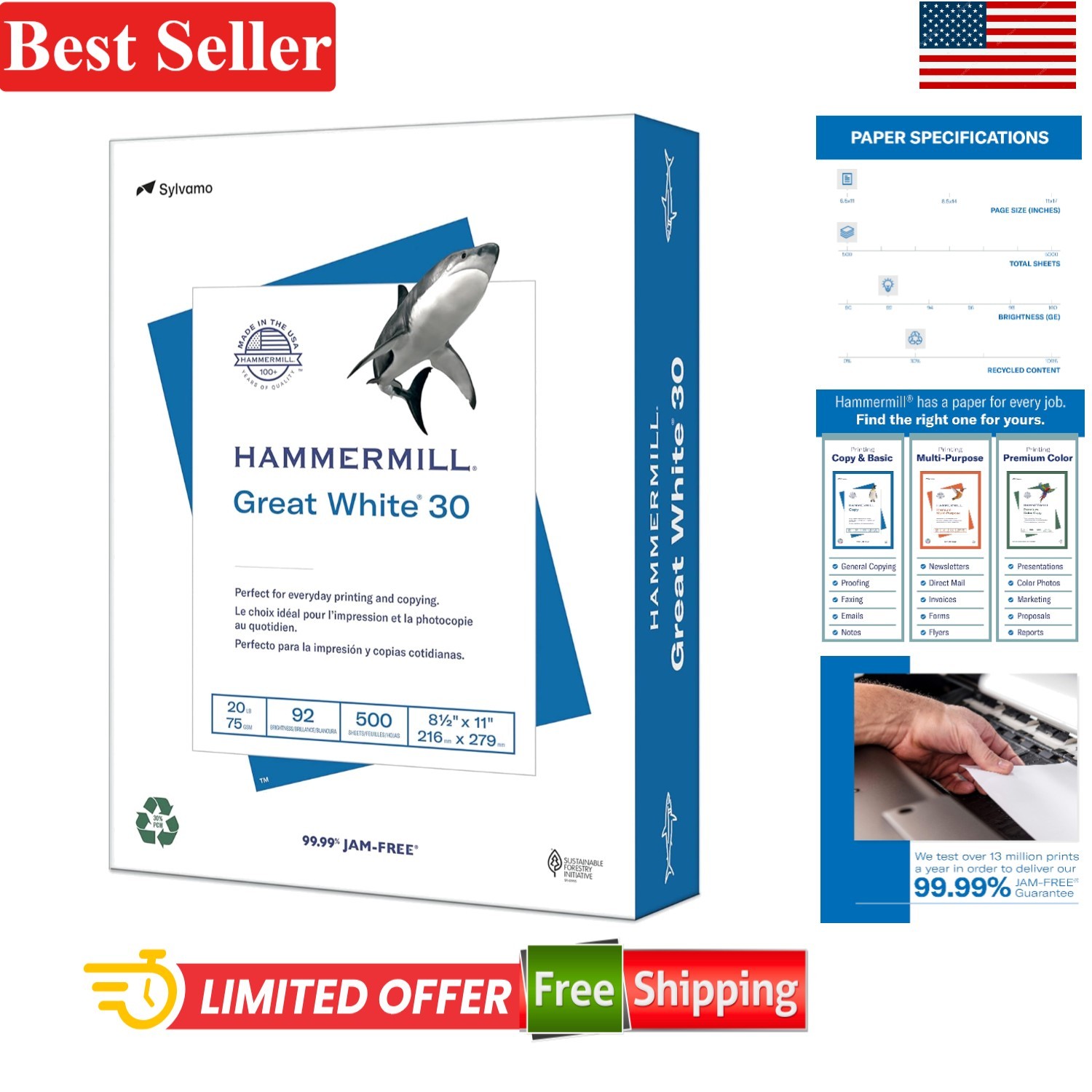 Printer Paper, Great White Recycled 8.5×11, 1 Ream, 500 Sheets, 92 Bright
