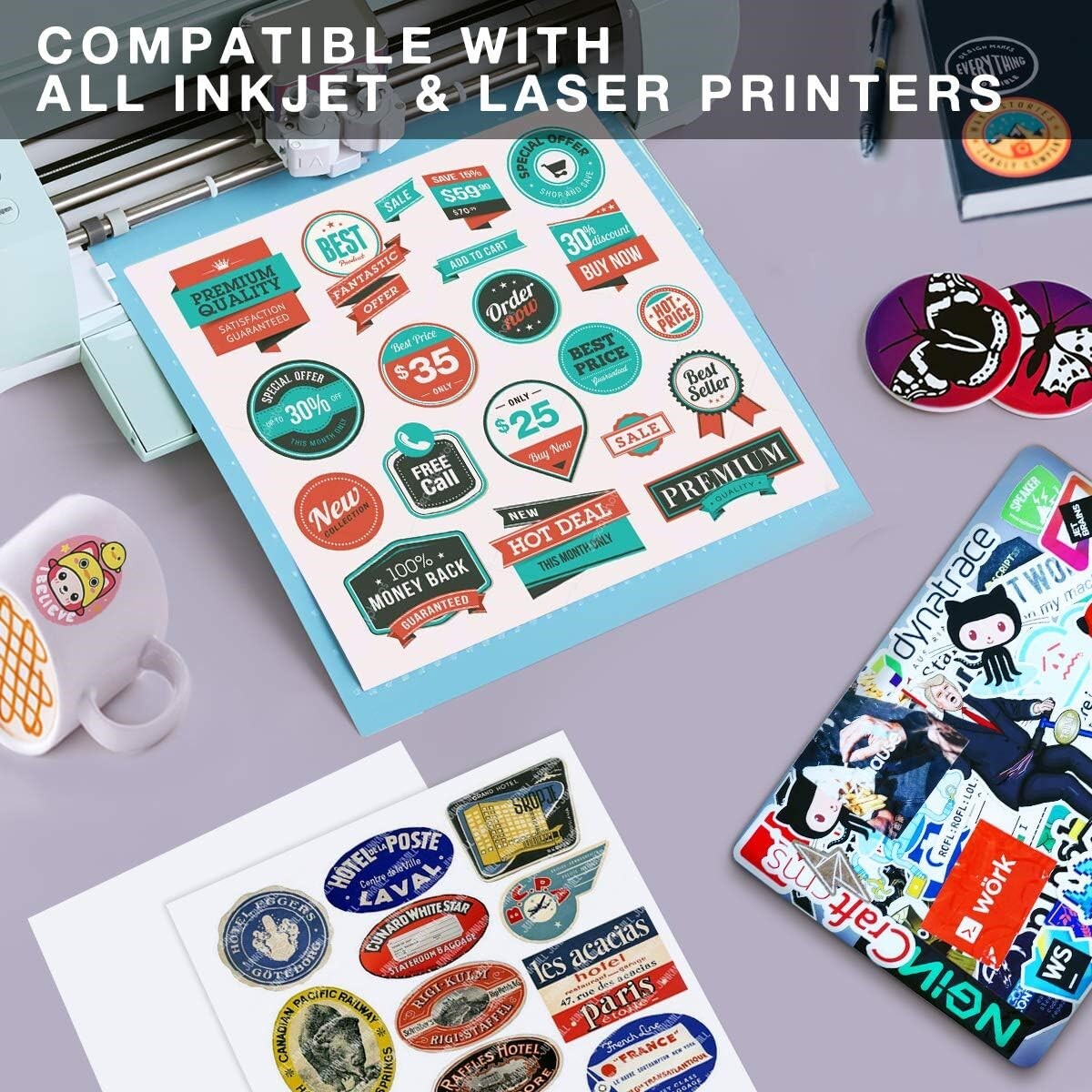 Printable Vinyl Sticker Paper Inkjet Laser Glossy White 8.5″ x 11″ *86 Sheets*