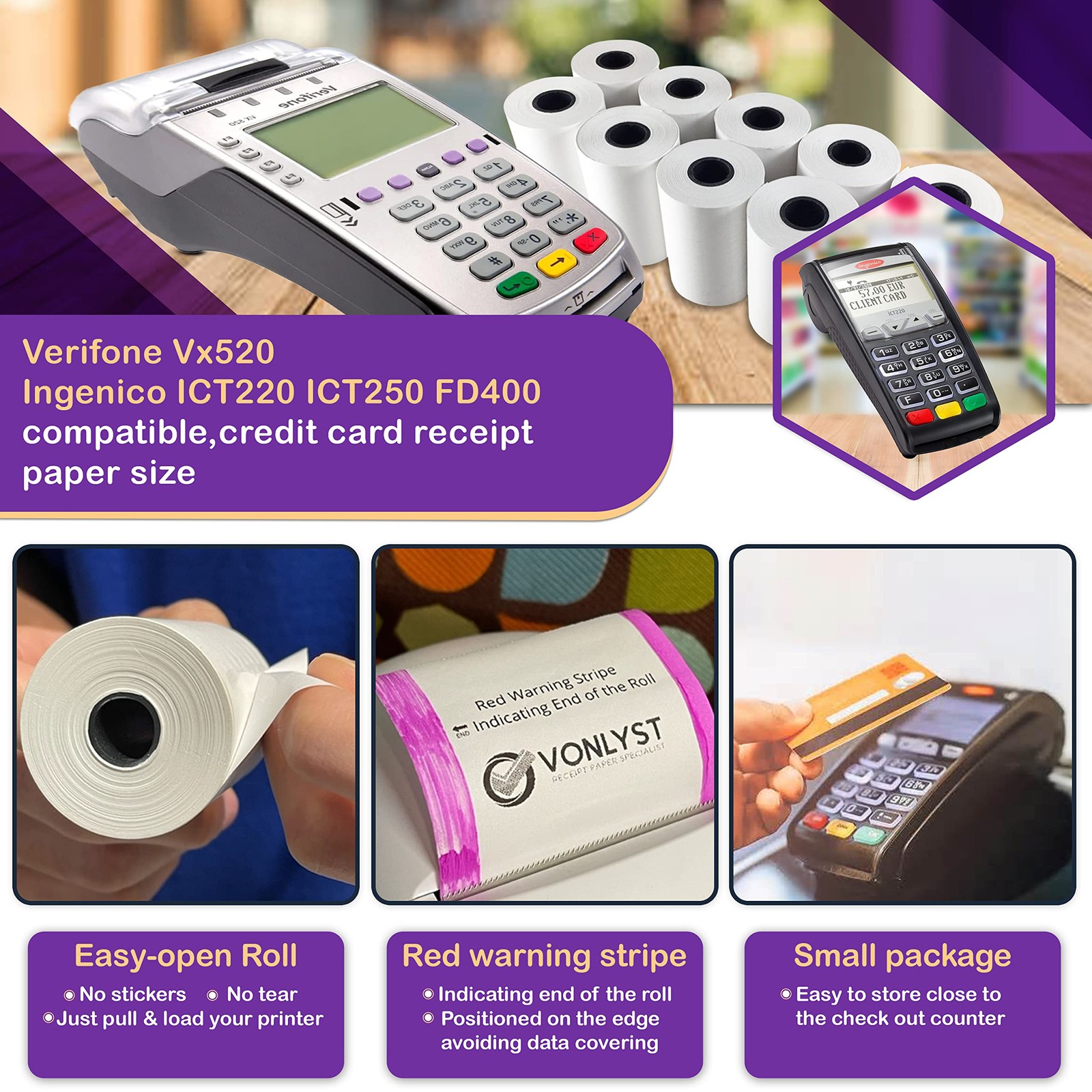 Vonlyst Thermal Paper Roll 2 1/4 X 55 for Verifone Vx520 10 rolls, White