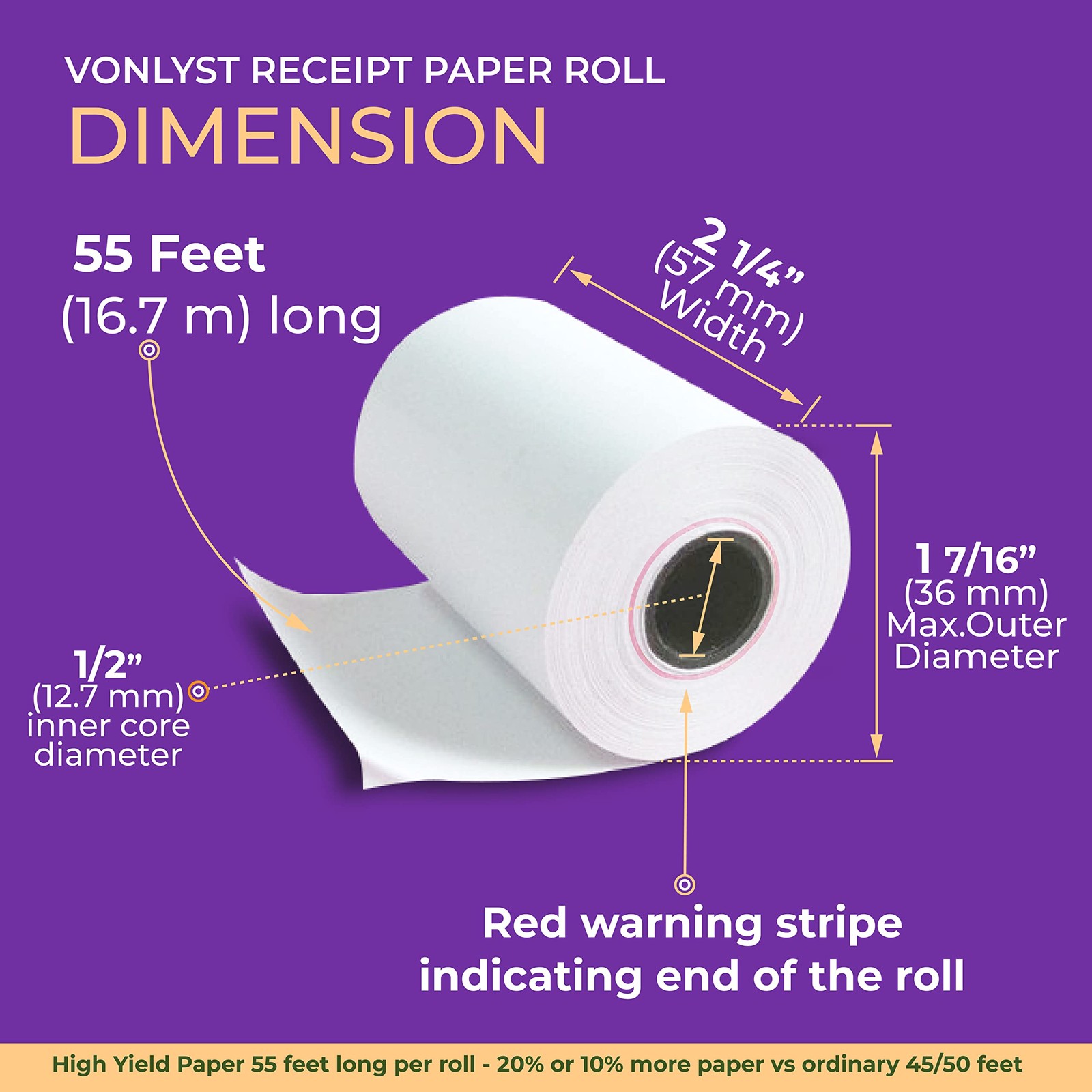 Vonlyst Thermal Paper Roll 2 1/4 X 55 for Verifone Vx520 10 rolls, White