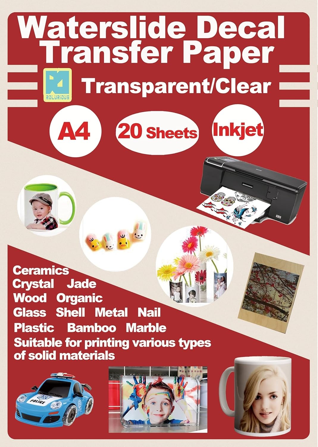 Rolurious Waterslide Decal Paper for Inkjet Clear A4 8.3×11.7 20 Sheets