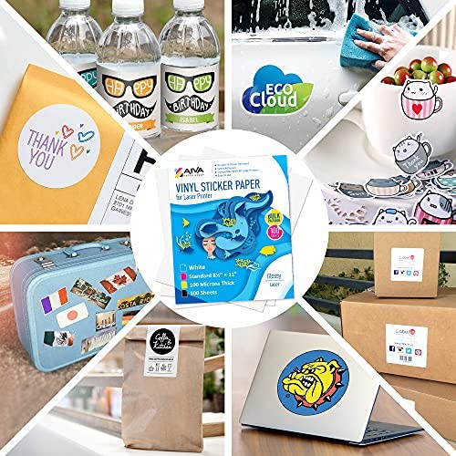 100pk Glossy White Printable Vinyl Sticker Paper for Laser Printer 8.5″x11″ Wate
