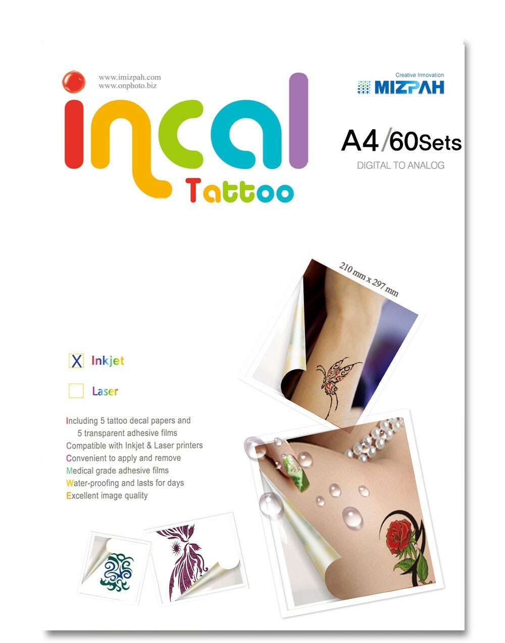 [Incal Tattoo] Temporary Tattoos Decal Paper for Inkjet Printer – 60sets(A4)