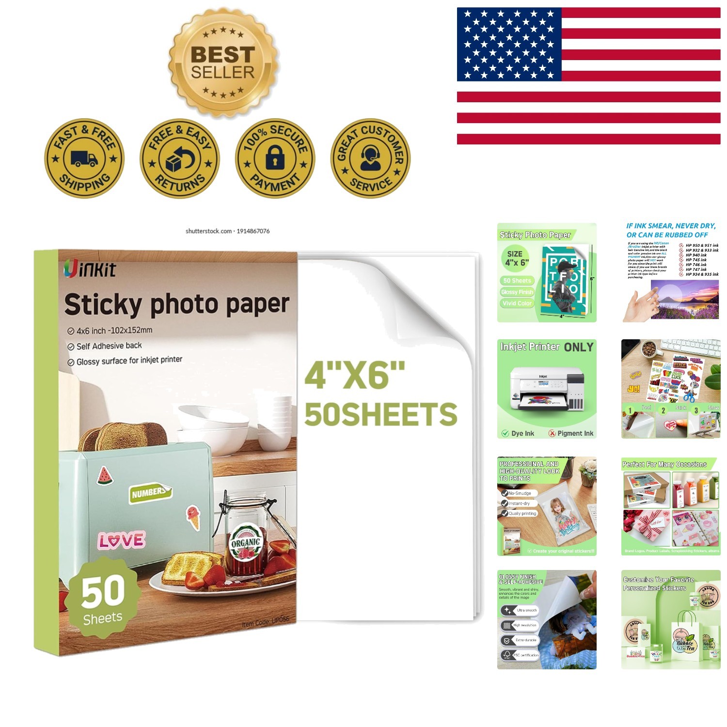 50 Sheets of Glossy Sticker Paper 4×6 Inches – Self-Adhesive, Quick-Dry