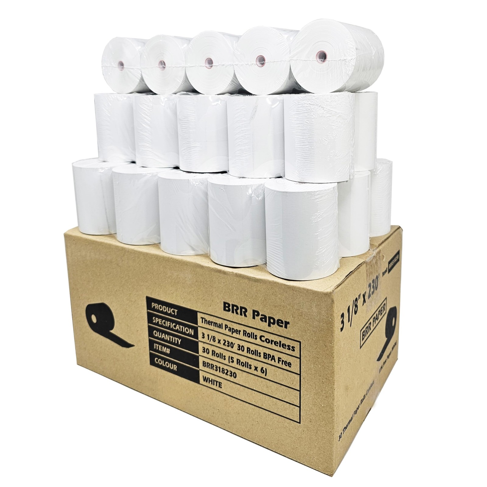 (30 Coreless Rolls – 50 GSM) 3 1/8 x 230 Thermal Paper 3 1/8” x 230’, White