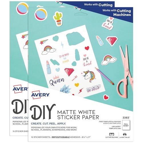 Printable Sticker Paper 8.5″x11″ Matte White, Repositionable Adhesive, 30 Sheets
