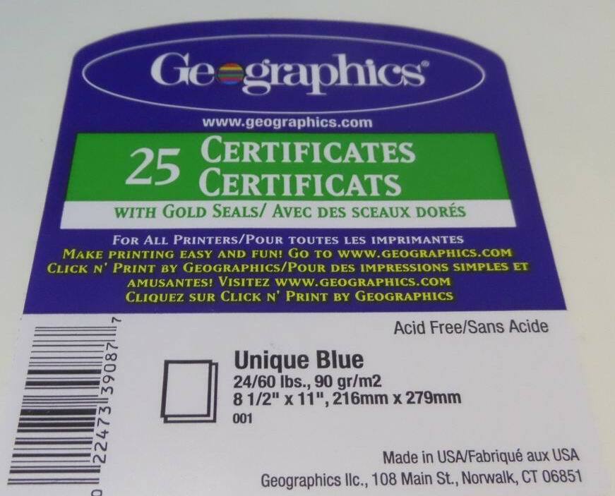 Pack of 25 Geographics Unique Blue Certificates with Gold Seals 8-1/2″ x 11″