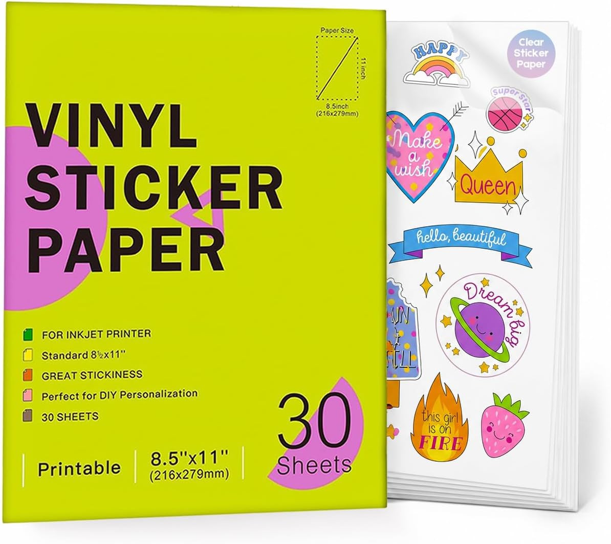 Clear Printable Vinyl Sticker Paper for Inkjet Printer, 30 Sheets |