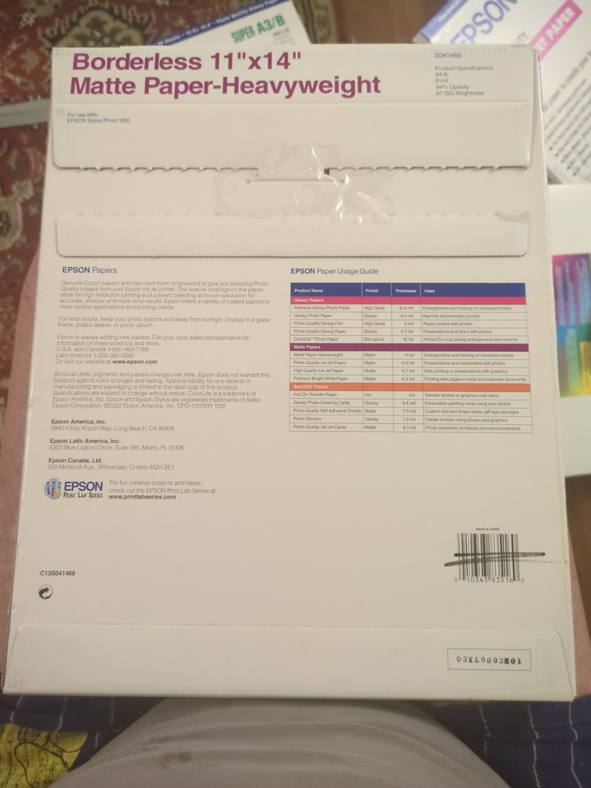 Epson s041468 Borderless Matte Photo Paper-Heavyweight 11″ X 14″