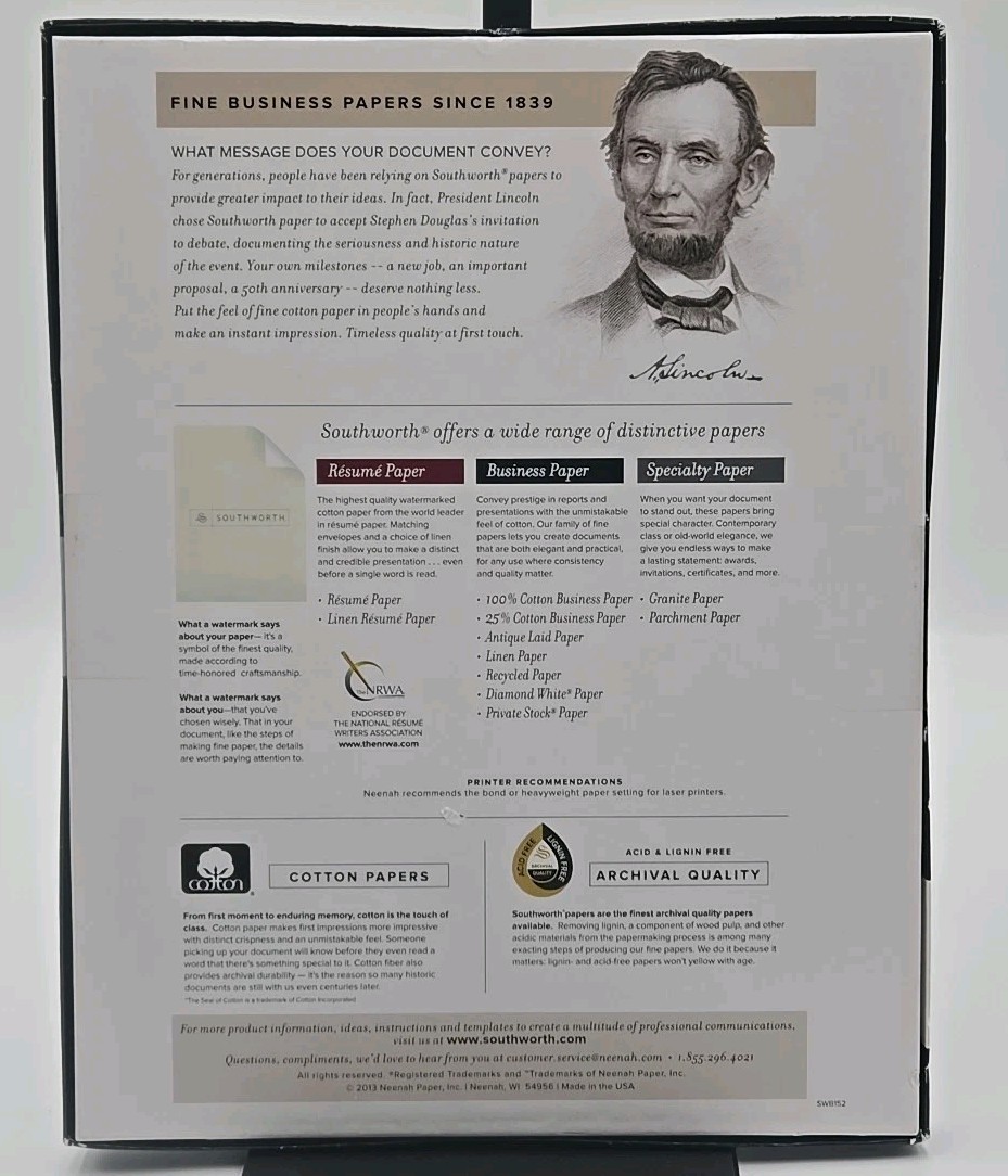 Southworth Fine Business Paper White Linin 100 Sheet 24lb Watermarked 25% Cotton