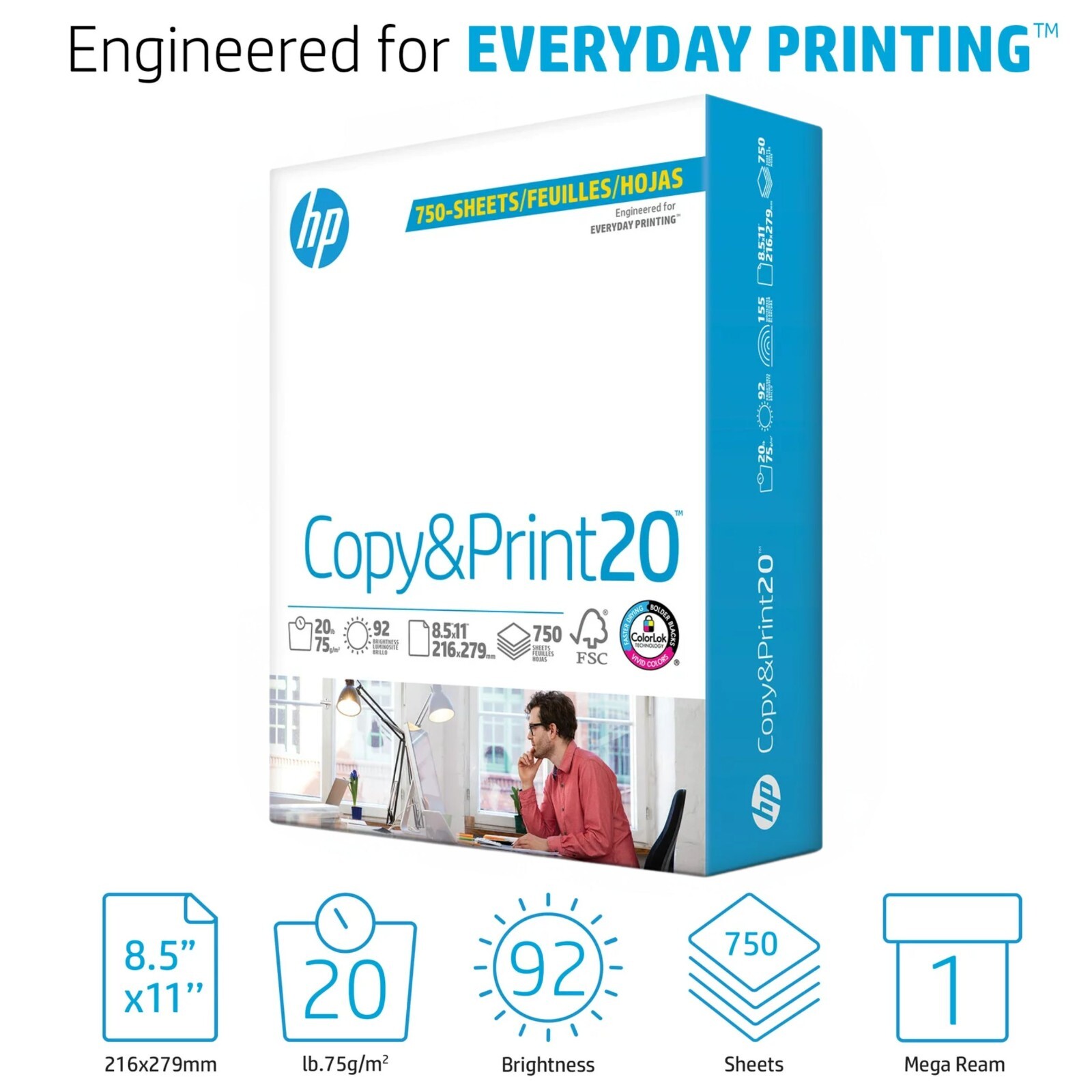 HP Office20 Printer Paper White Copy Print Letter Size 8.5″x11″ Paper-750 Sheets