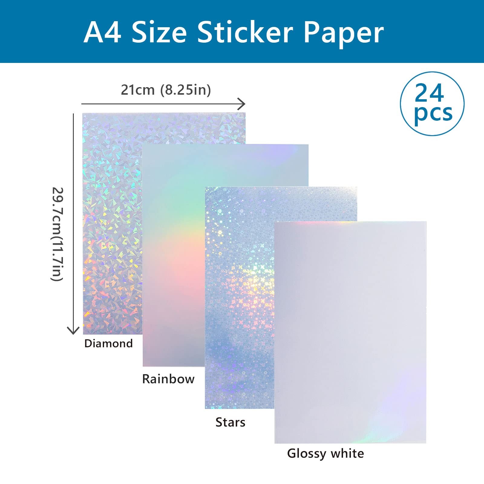 Nihuecne 24 Sheets Vinyl Printable Sticker Paper A4 Size (8.25″ x 11.7″) Holo…
