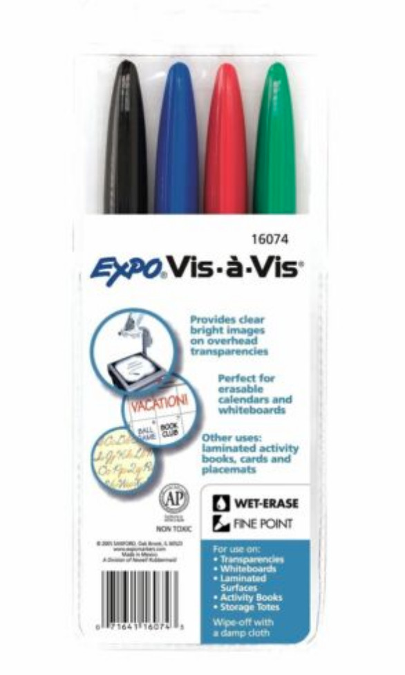 16074 Expo Vis-A-Vis Wet Erase Marker, Fine Tip, Four Colors, Brand New – Lot(8)