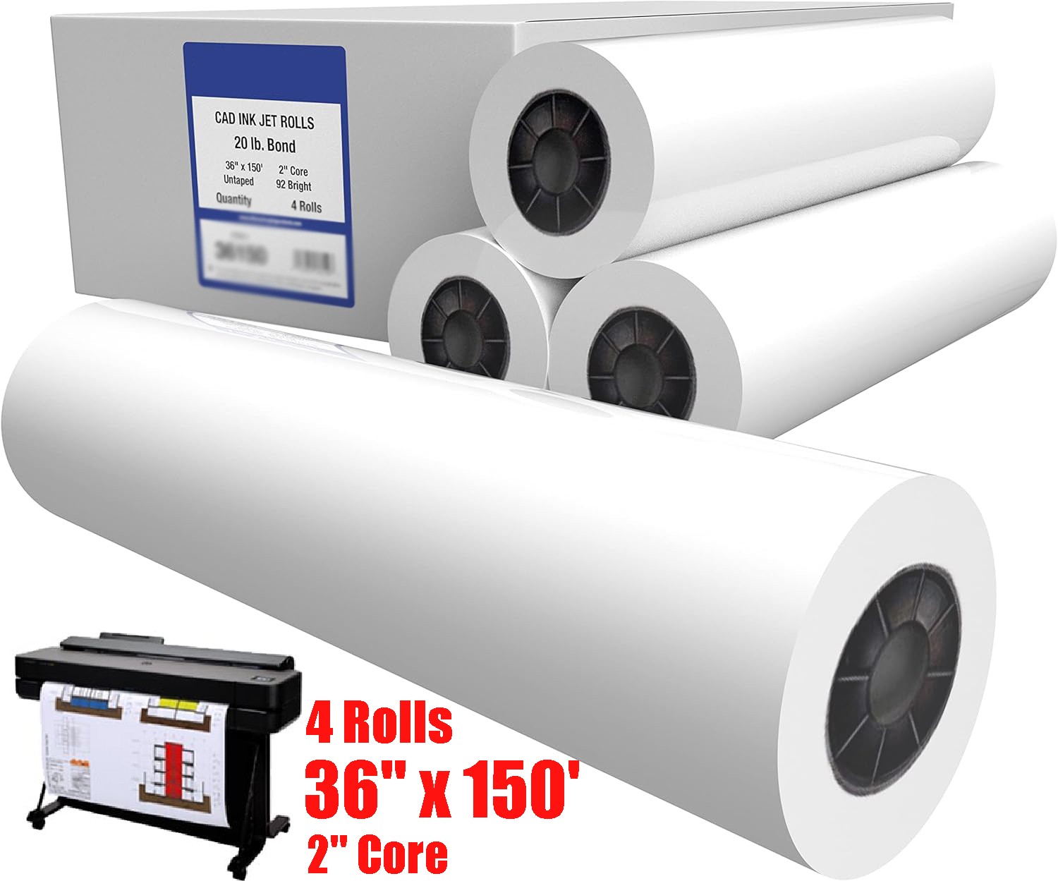 4rolls 36″ x 150′ 20lb Bond Plotter Paper for Wide Format Inkjet Printers US