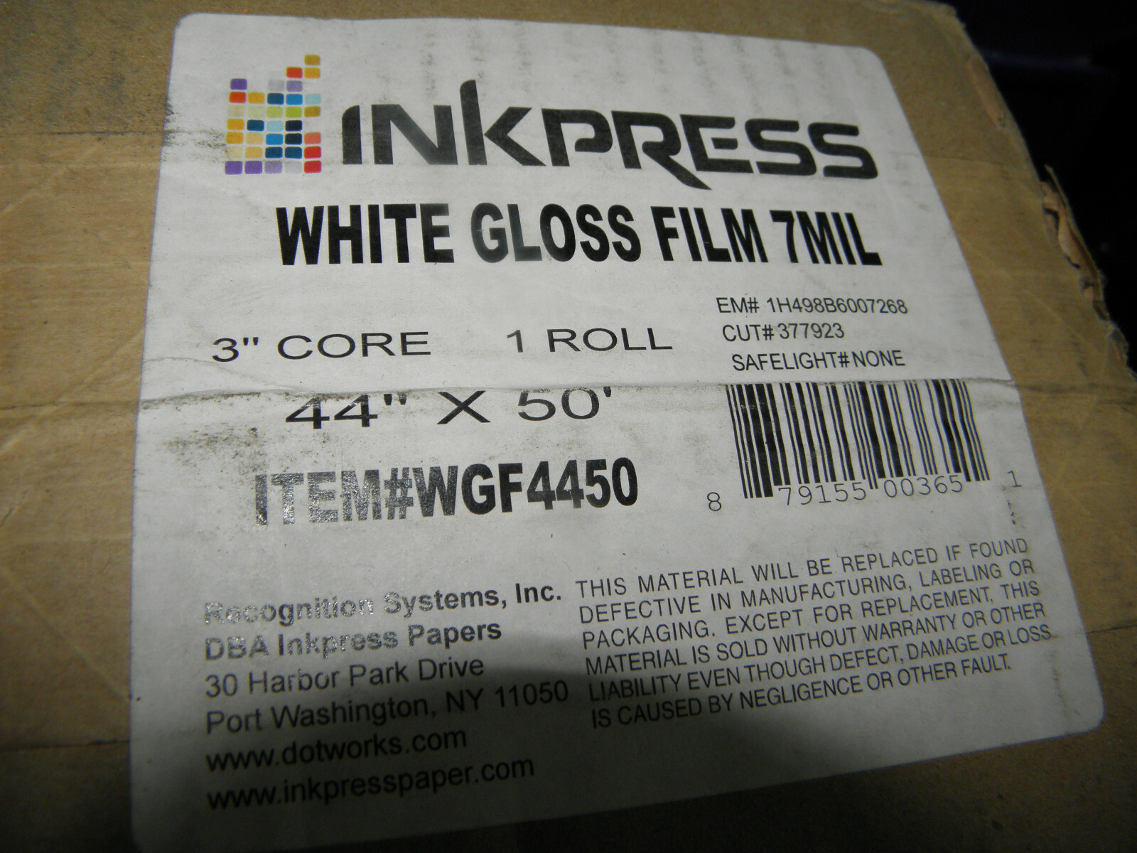 INKPRESS WGF4450 WHITE GLOSS FILM 7 MIL 3″ CORE 44″ x50′ ROLL 215GSM 92% BRIGHT
