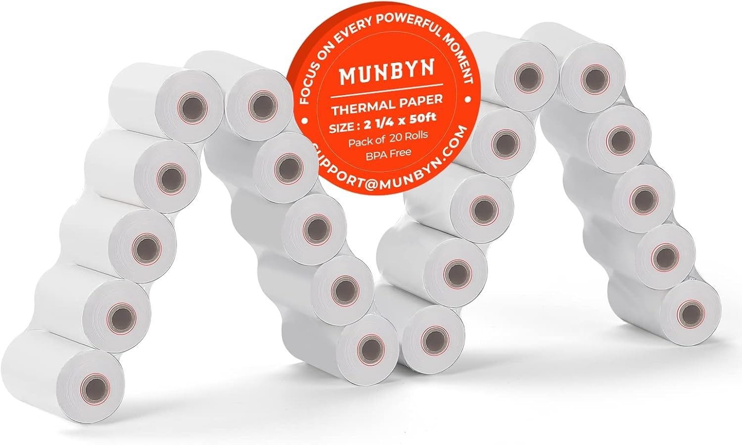 MUNBYN 2 1/4 x 50ft Thermal Paper (20 Rolls), 2 1/4" x 50', white