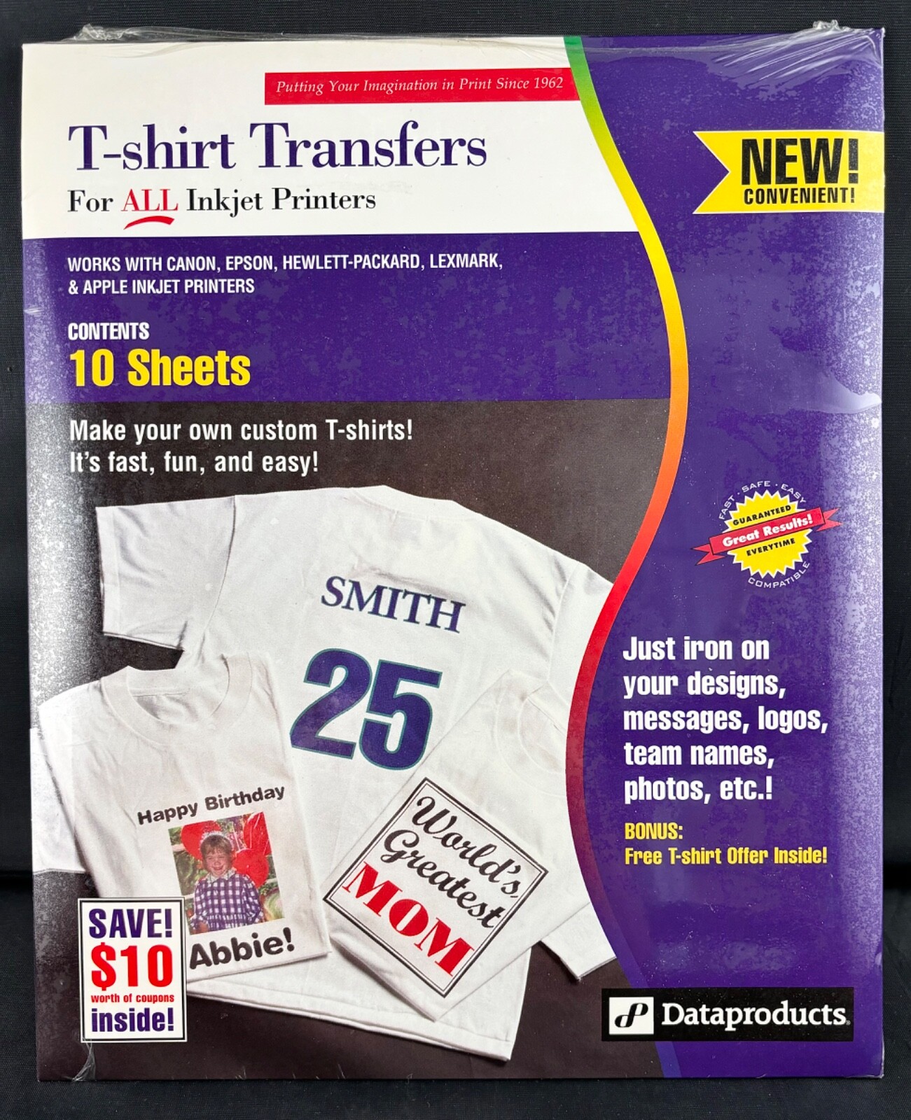 NOS DATAPRODUCTS T-SHIRT TRANSFERS FOR INKJET PRINTERS SEALED 10 SHEETS 8.5×12”?