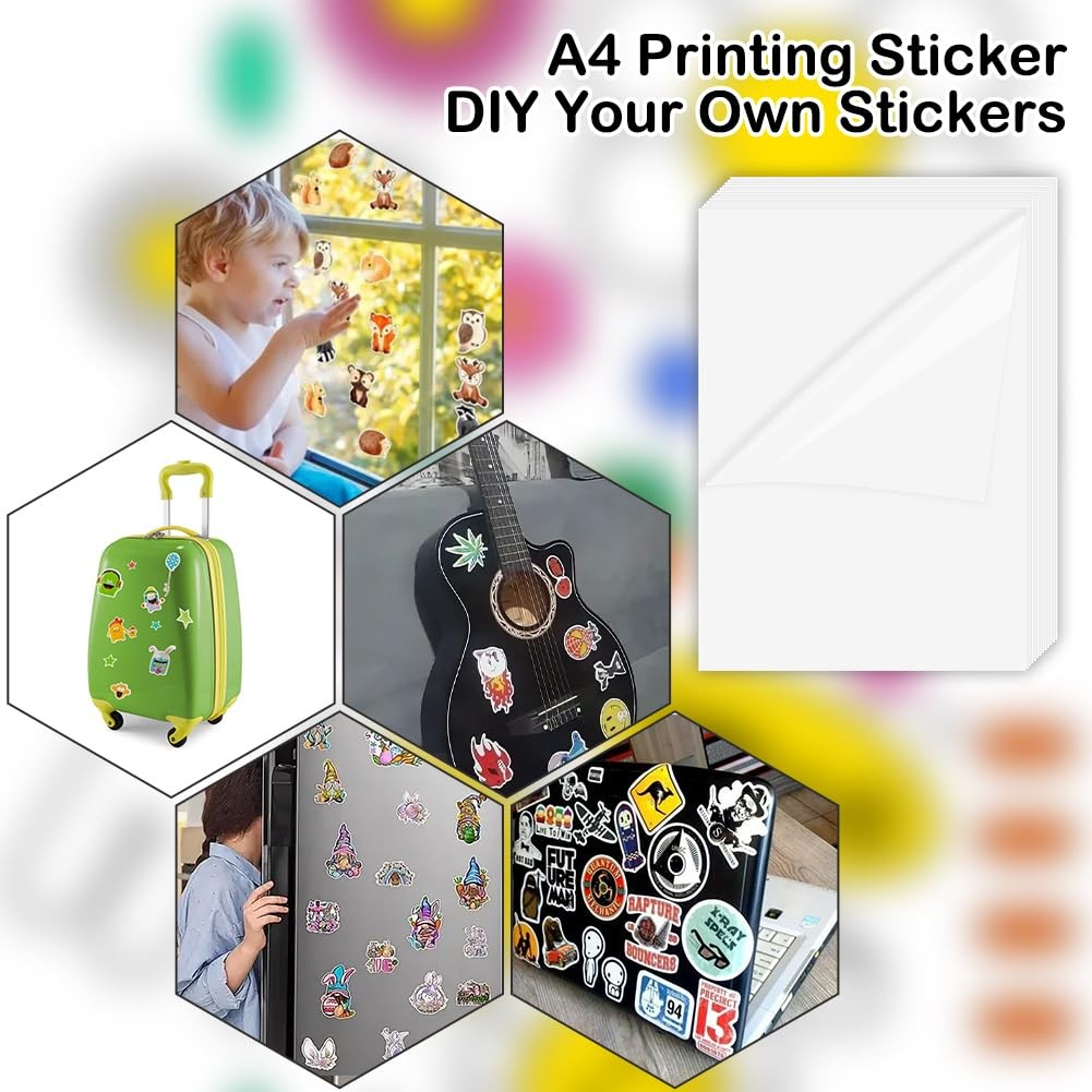 12 Sheets A4 Sticker Paper for Printing, Transparent a4 Self Adhesive Film…