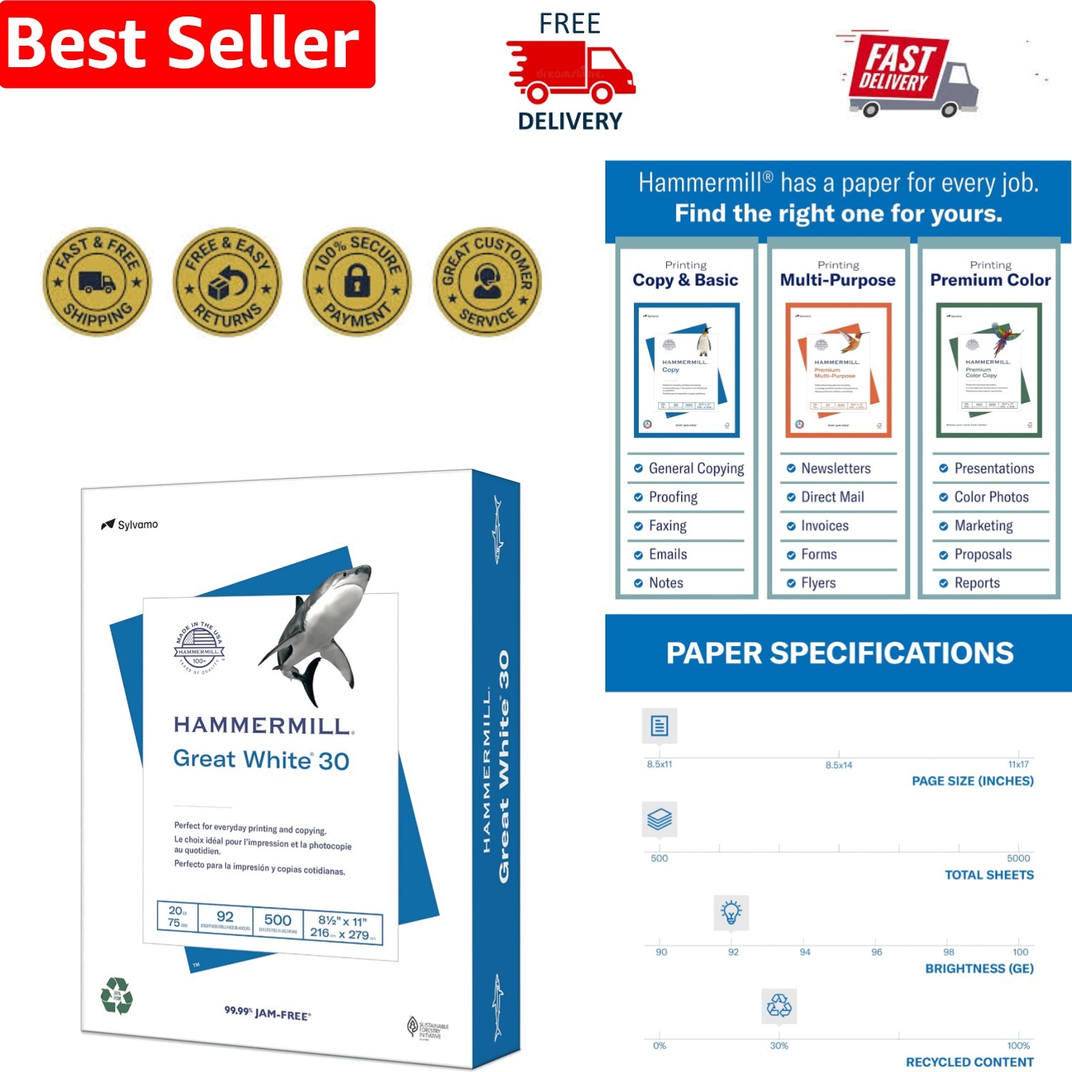 Great White Jam-Free White Paper, 8.5 x 11, 500 Sheets – Eco-Friendly Choice