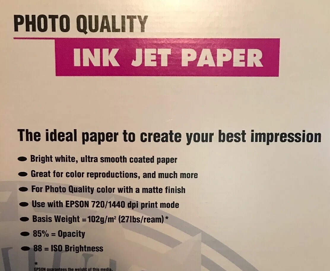 Epson Photo Quality Ink Jet Paper 11.0” X 17.0” 100 Sheets Brand New