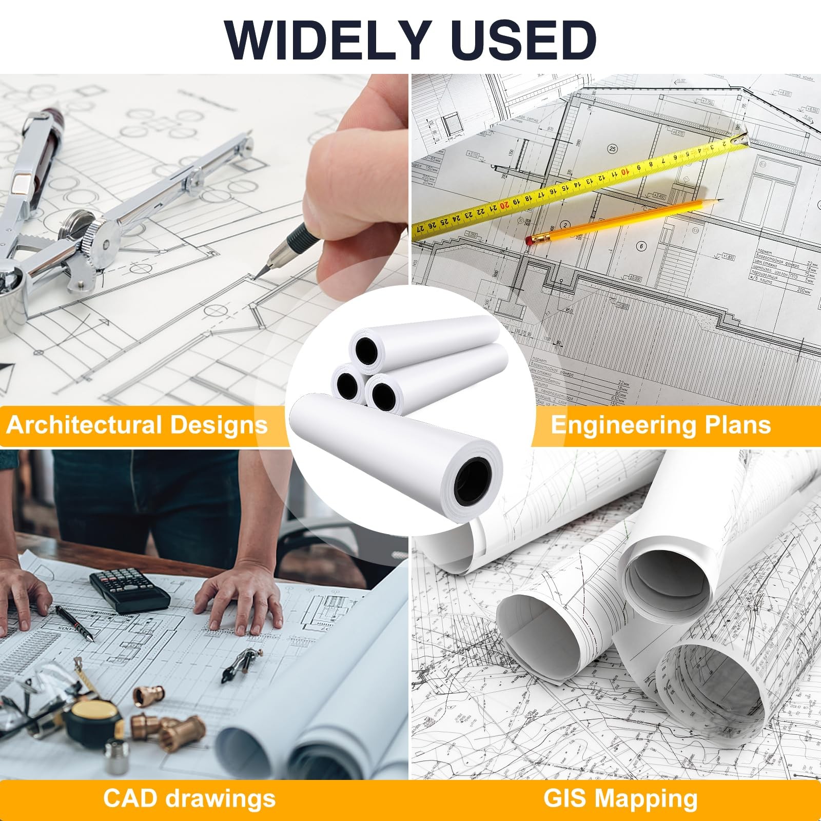 Wide Format Paper,4 Rolls Plotter Paper 36 In x 150 Ft, CAD Bond Rolls,20lb,B…