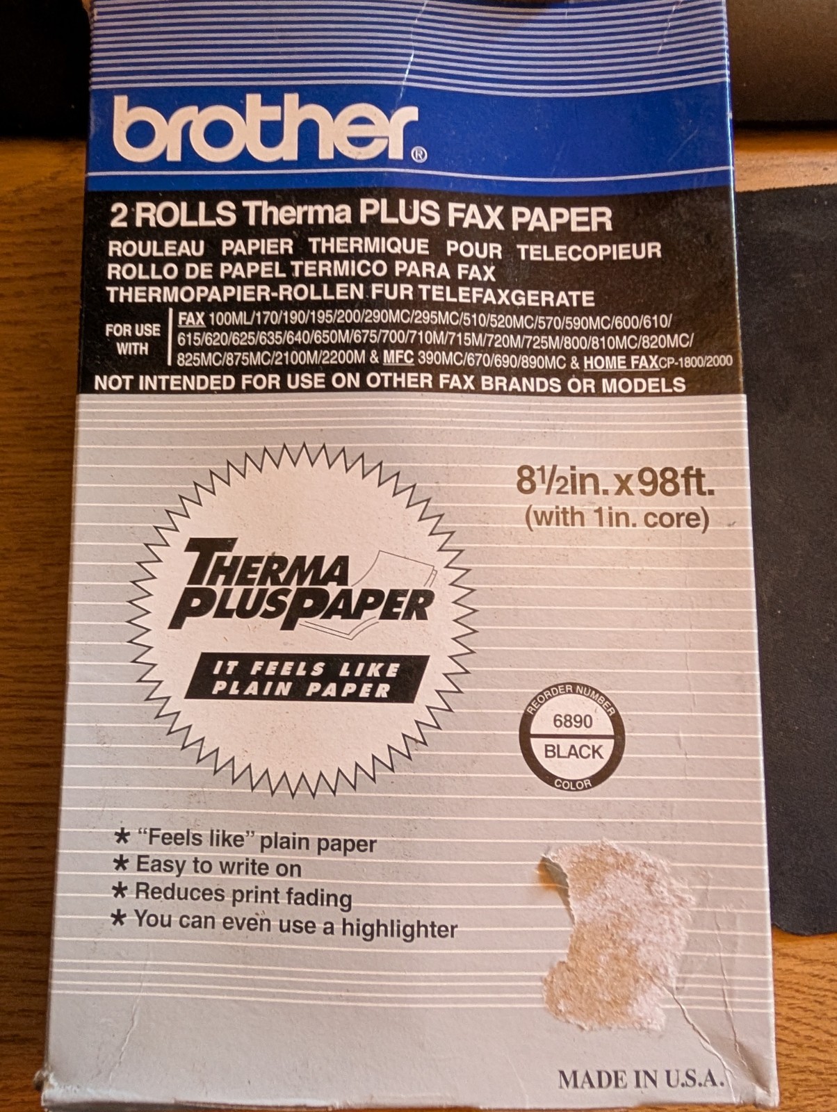 1 Roll ONLY Brother Thermal Plus Fax Paper, #6890, 8-1/2 in X 98 ft, 1 in Core