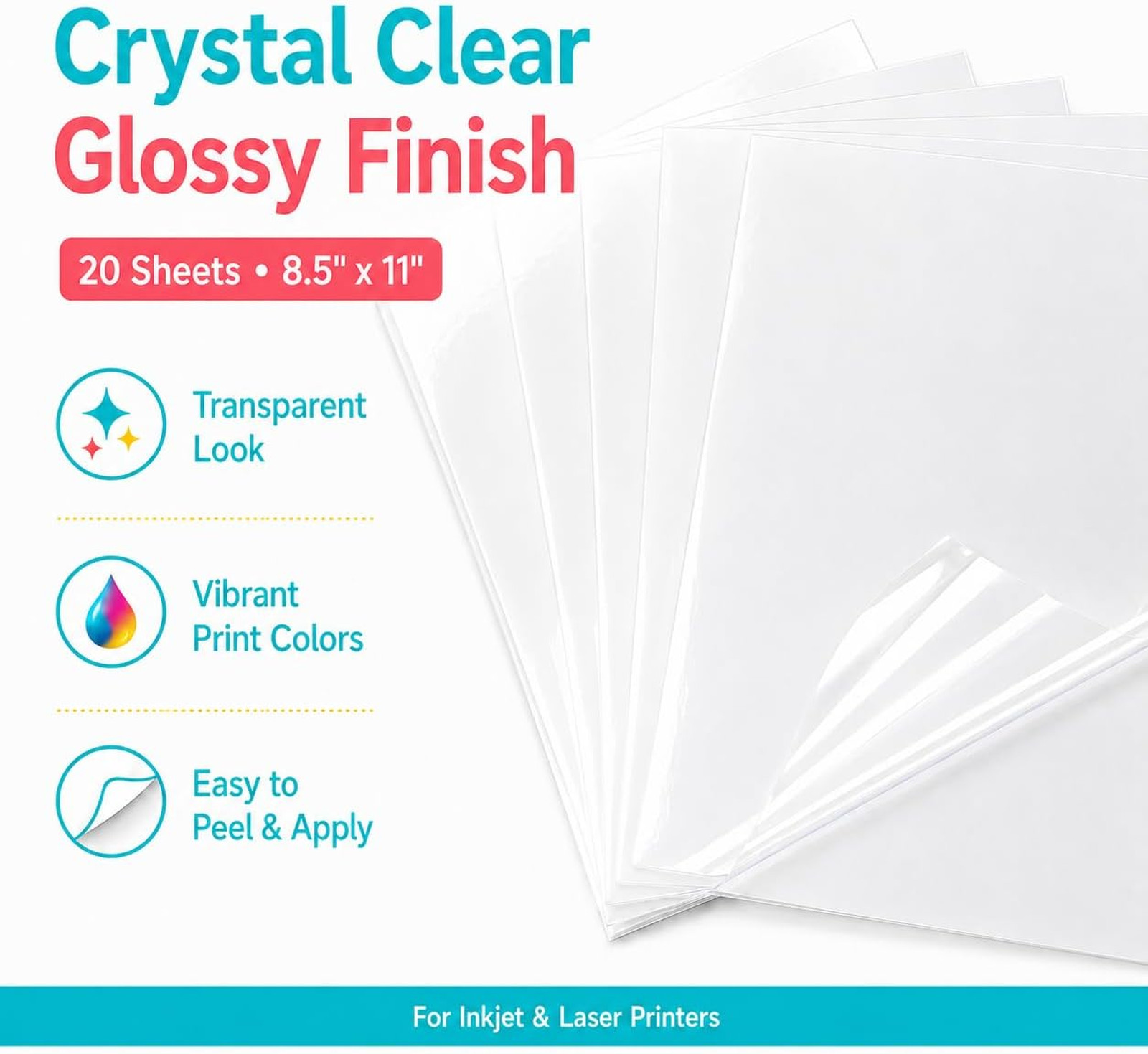 Printable Crystal Clear Vinyl Sticker Paper 20 Sheets 8.5×11 Inch Transparent