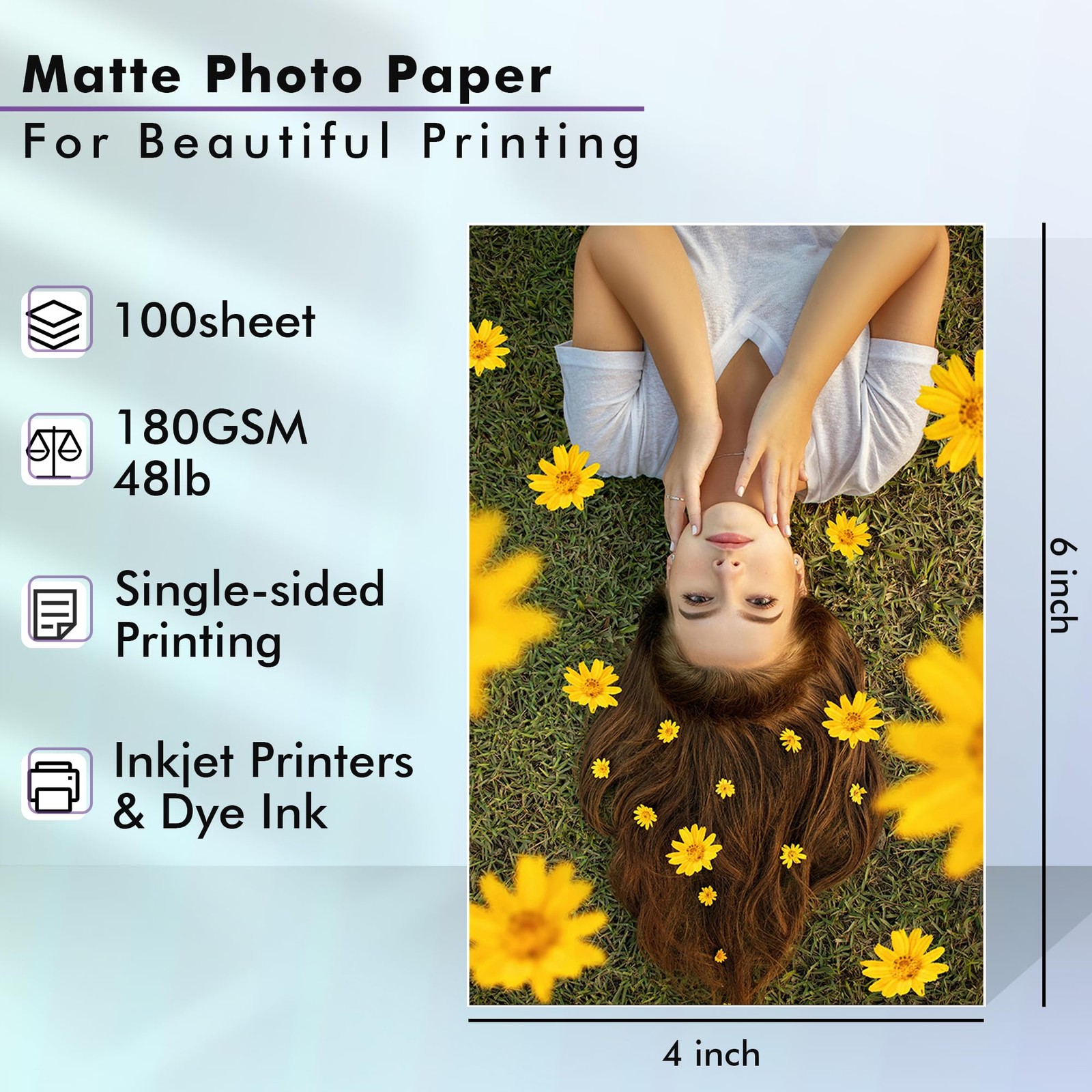 100 PCS Photo Paper Matte Coated 4×6 Inch Fits Inkjet Printer 48LB Sheets