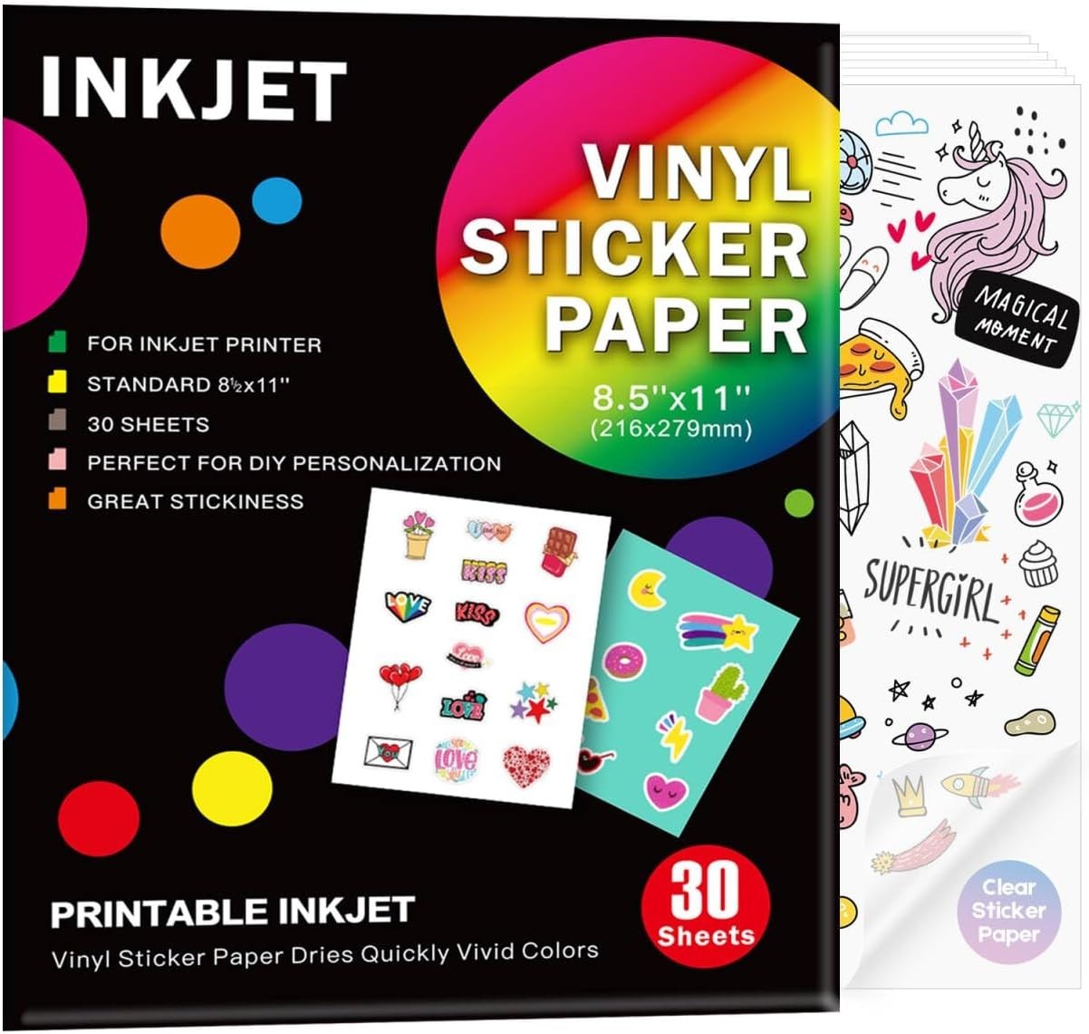 30 Sheets Printable Clear Vinyl Sticker Paper for Inkjet Printers 8.5×11 Inc…