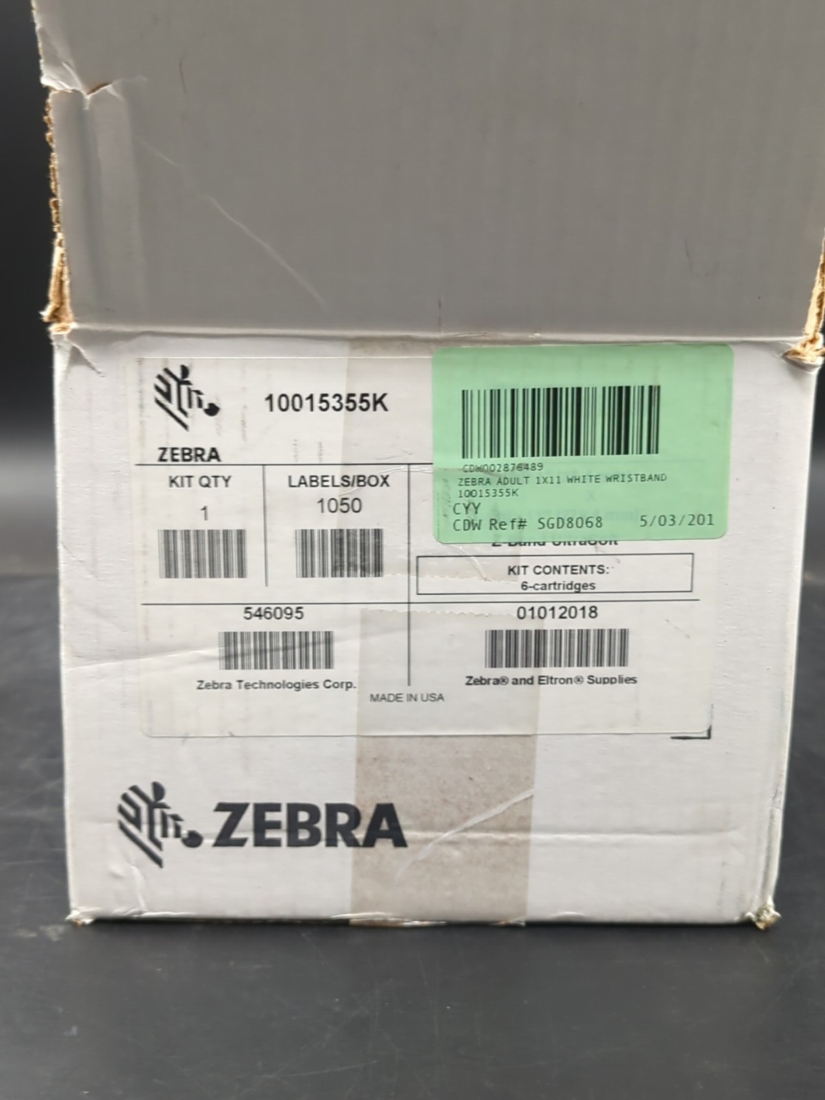 Box of 6: Zebra: Z-Band UltraSoft Wristband: P/N 10015355K: Cartridge Kit: White