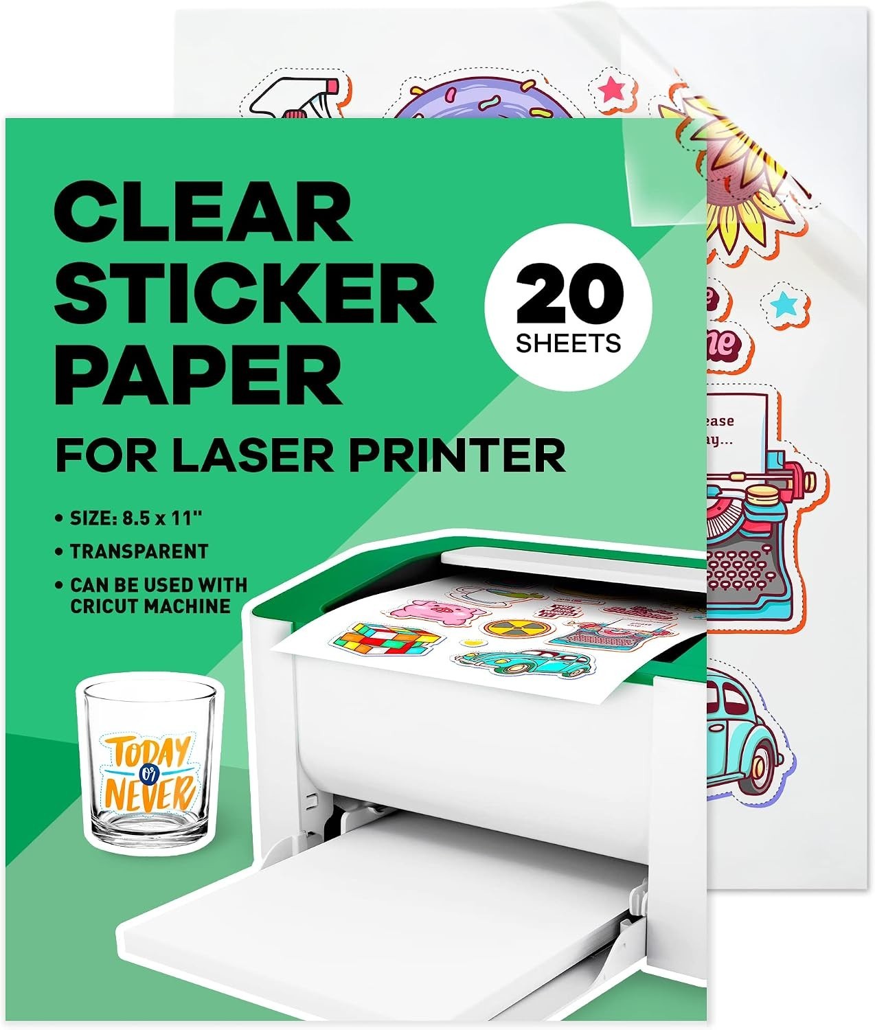 Clear Sticker Paper for Laser Printer – 20 Sheets, 8.5 x 11″ Letter Size, Glo…