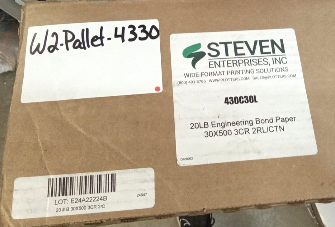 Steven Enterprises 430C30L Engineering Bond Paper 20LB 30″ x 500′ Roll 3CR 2pk