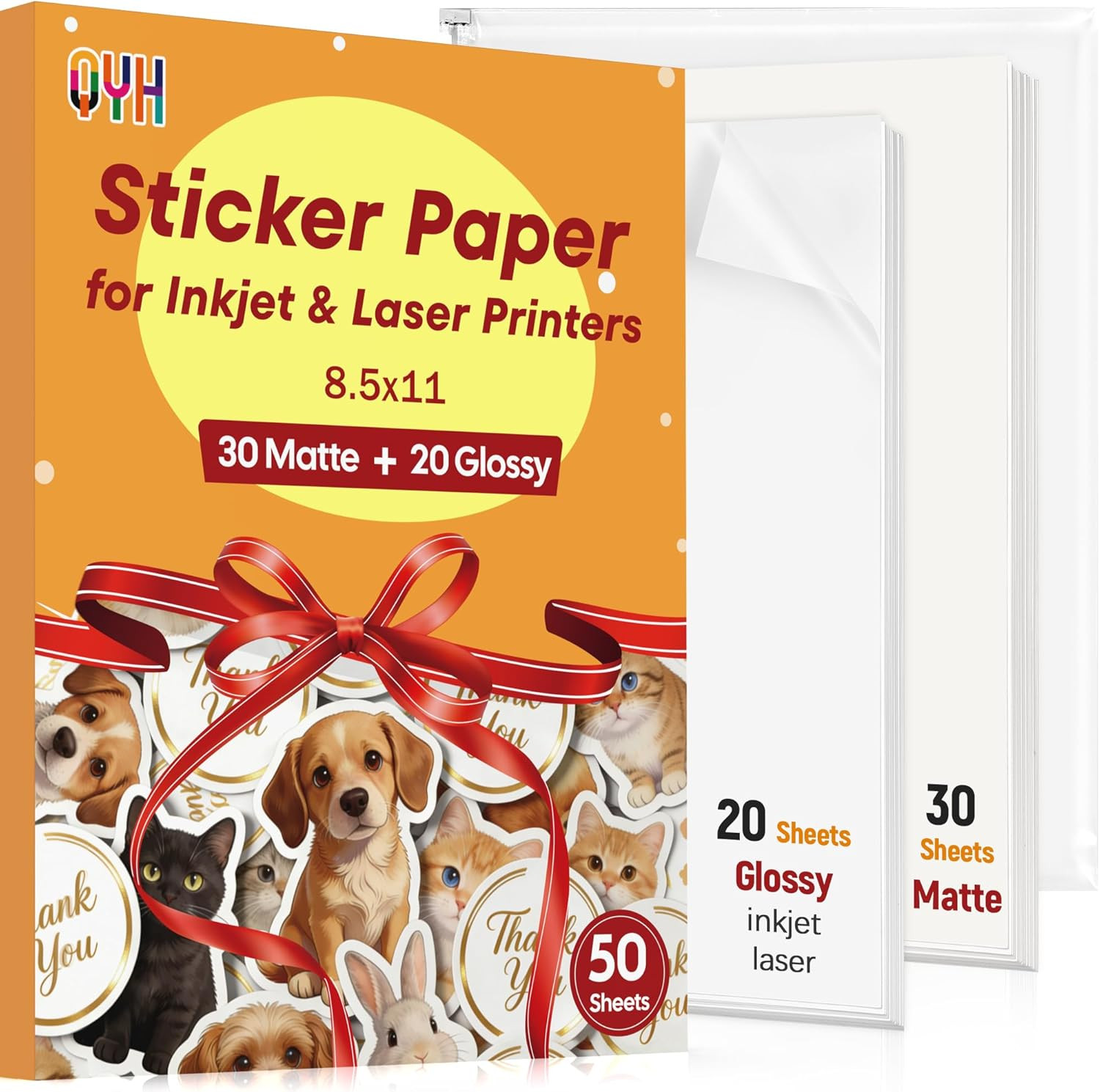 Printable Vinyl Sticker Paper, 50 Sheets (30 Matte + 20 Glossy) 8.5X11″ | for In