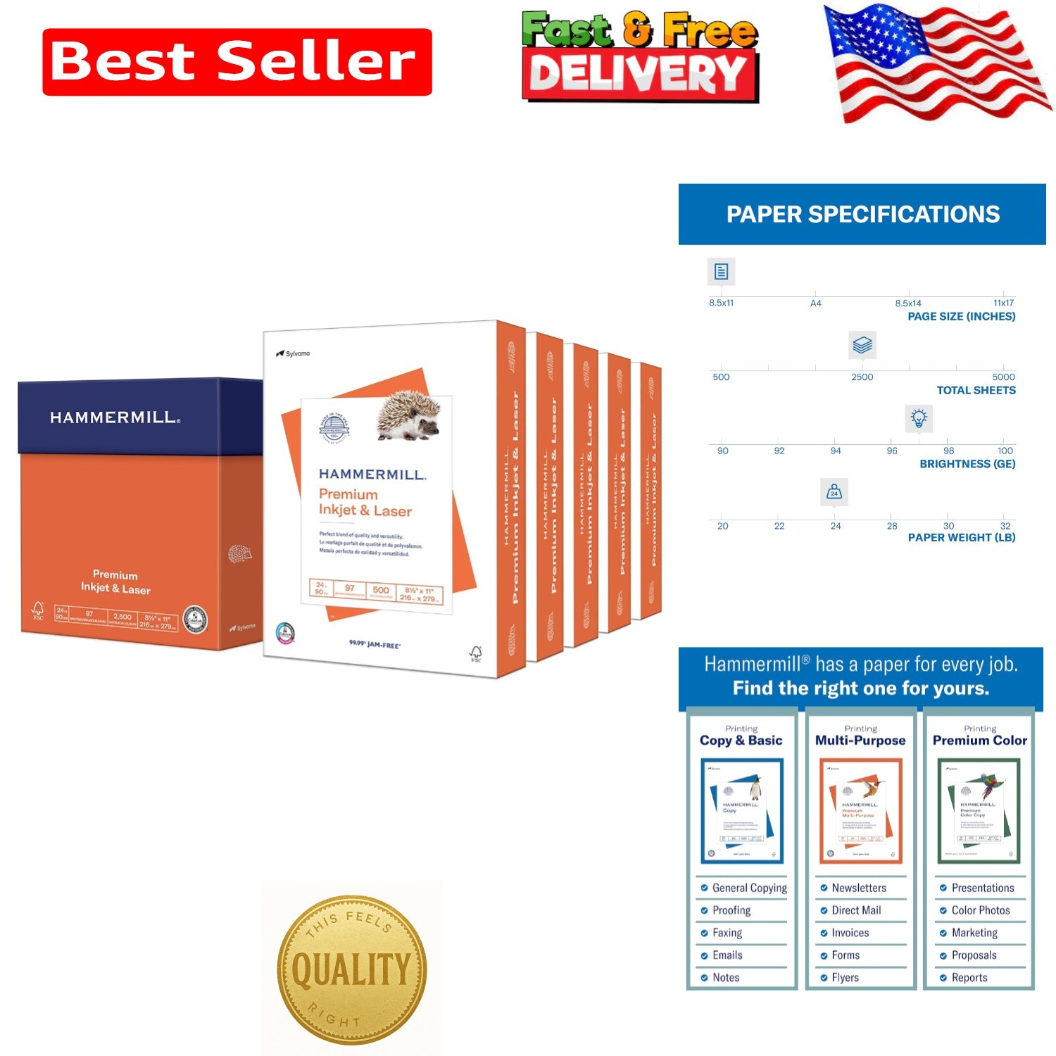 Smooth Finish Inkjet & Laser Paper, 24 lb, 2500 Sheets 8.5×11, Acid-Free