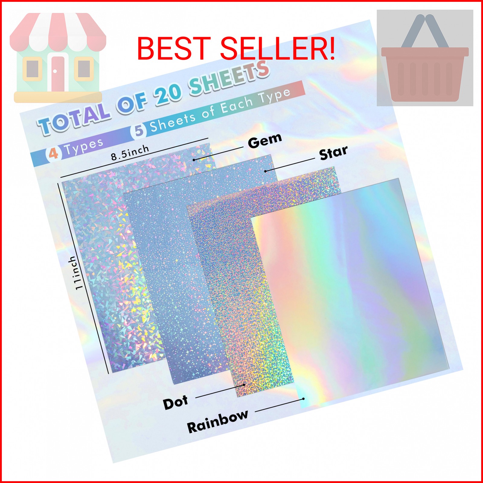 Koala Holographic Sticker Paper for Inkjet & Laser Printers, 20 Sheets Printable