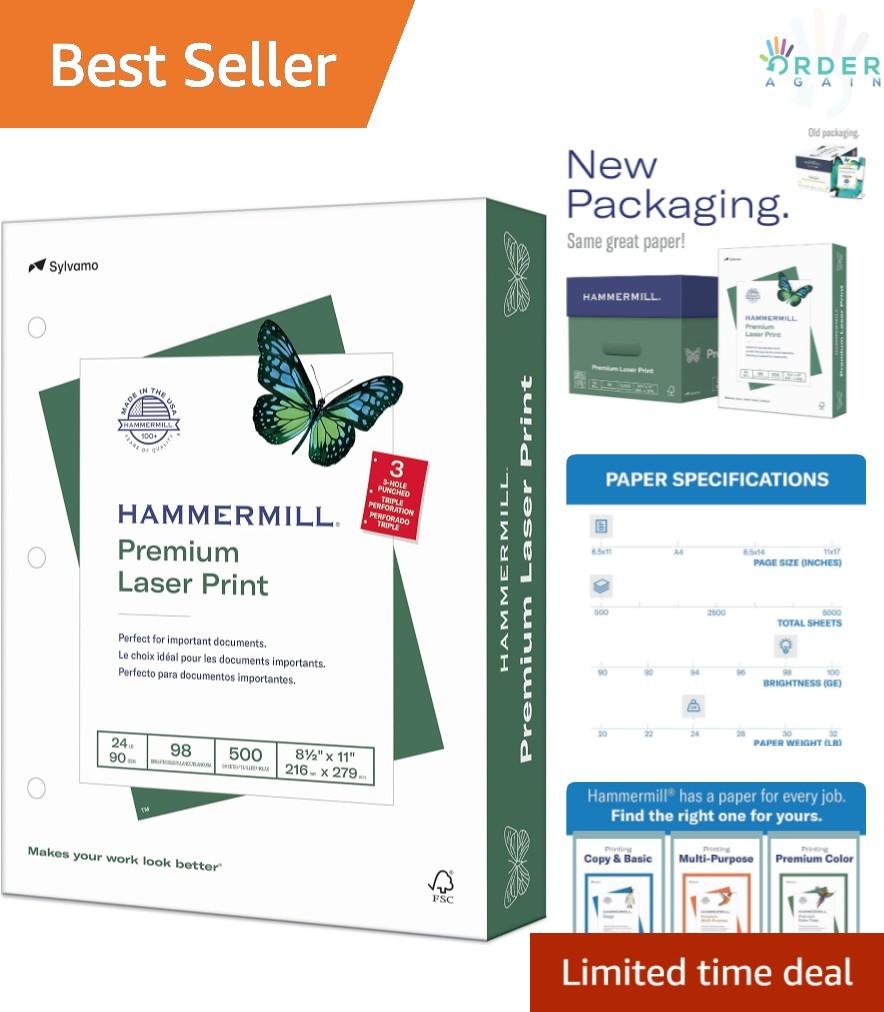 Laser Print Paper 24 lb White 8.5×11 Letter Size 3 Hole 500 Sheets
