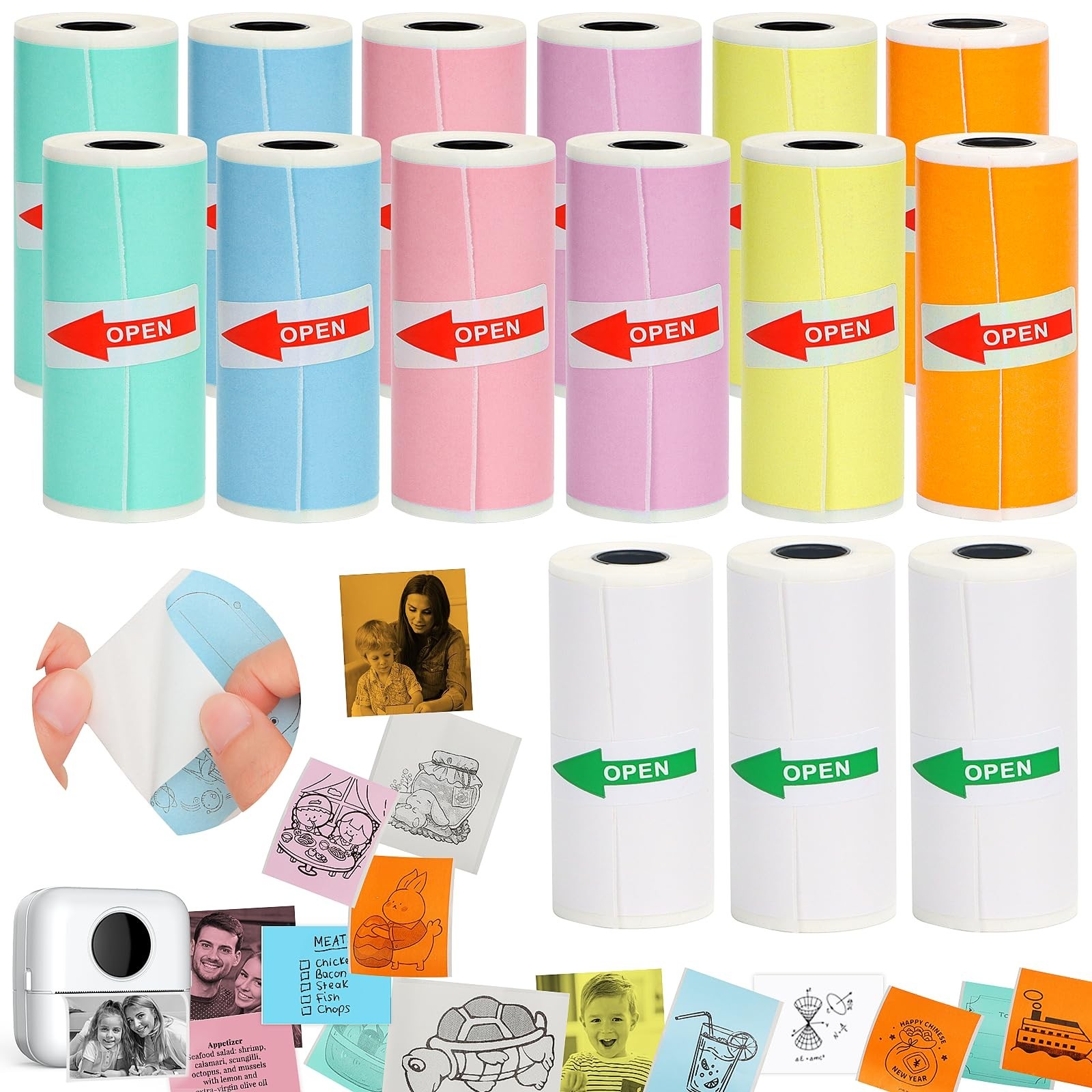 15 Rolls Mini Printer Sticker Paper, Thermal Self-Adhesive 57x25mm, Color & Whit