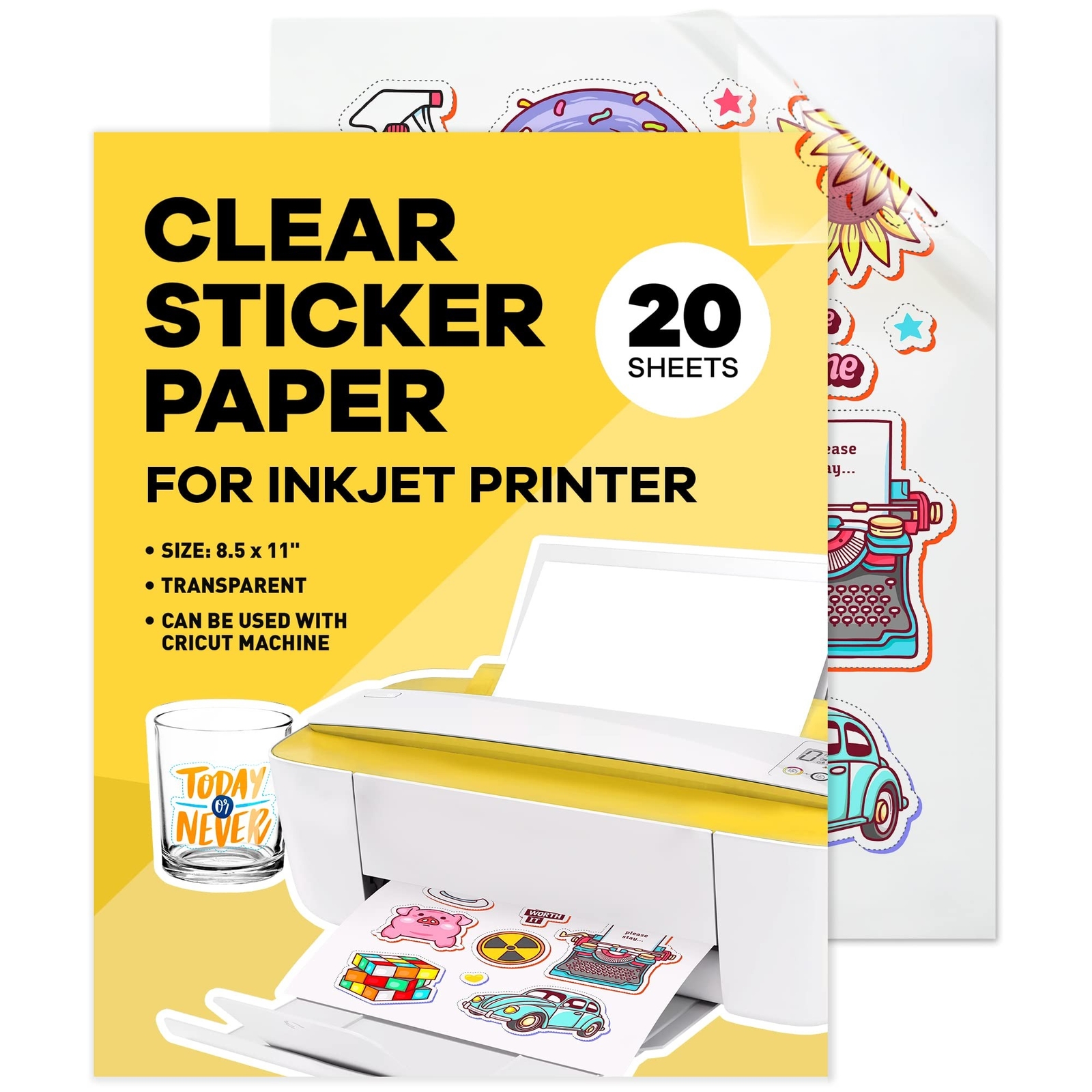 90% Clear Sticker Paper for Inkjet Printer (20 Sheets) – Transparent Glossy 8…
