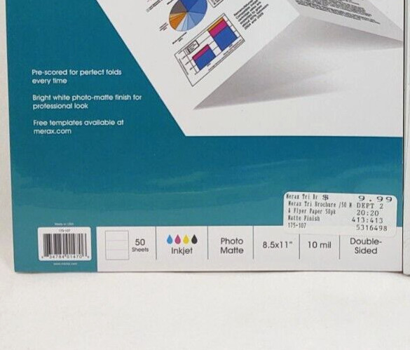 Tri-Fold Brochure Inkjet Paper Matte Finish 8.5″ x 11″ Merax 100pcs New Sealed