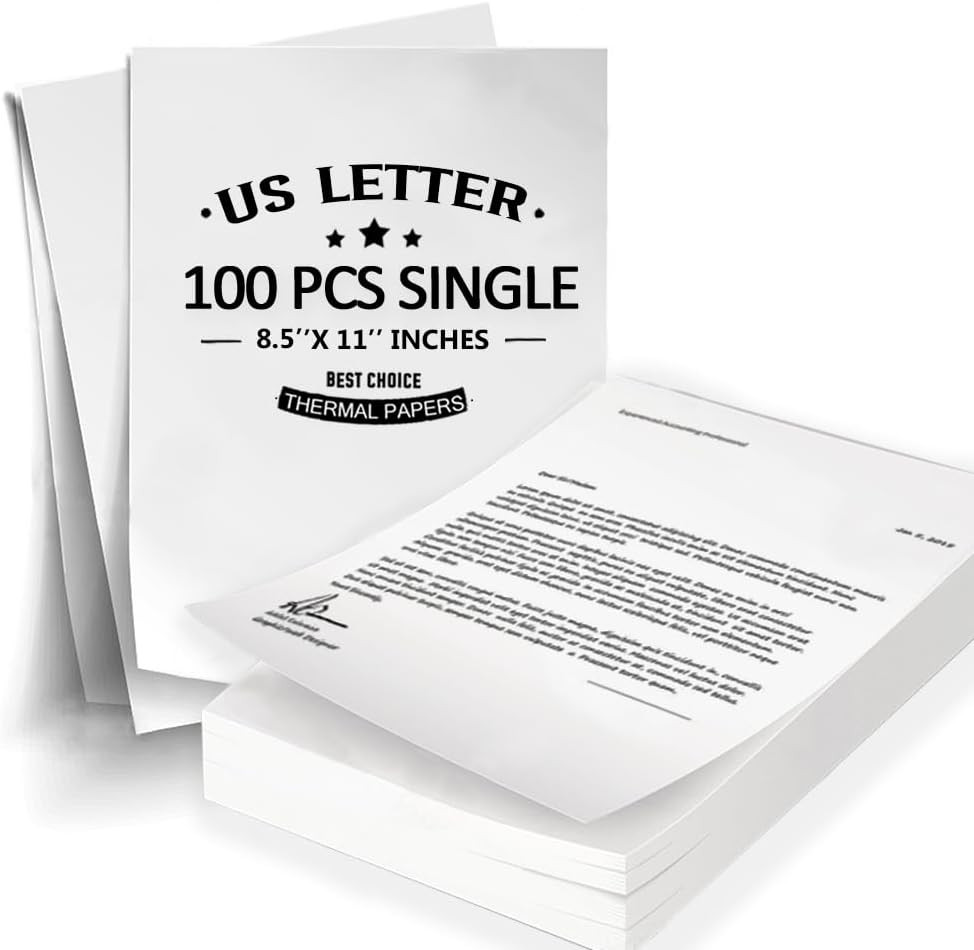 100 Sheets Single Thermal Paper 8.5 X 11 White US Letter Size for Portable Print